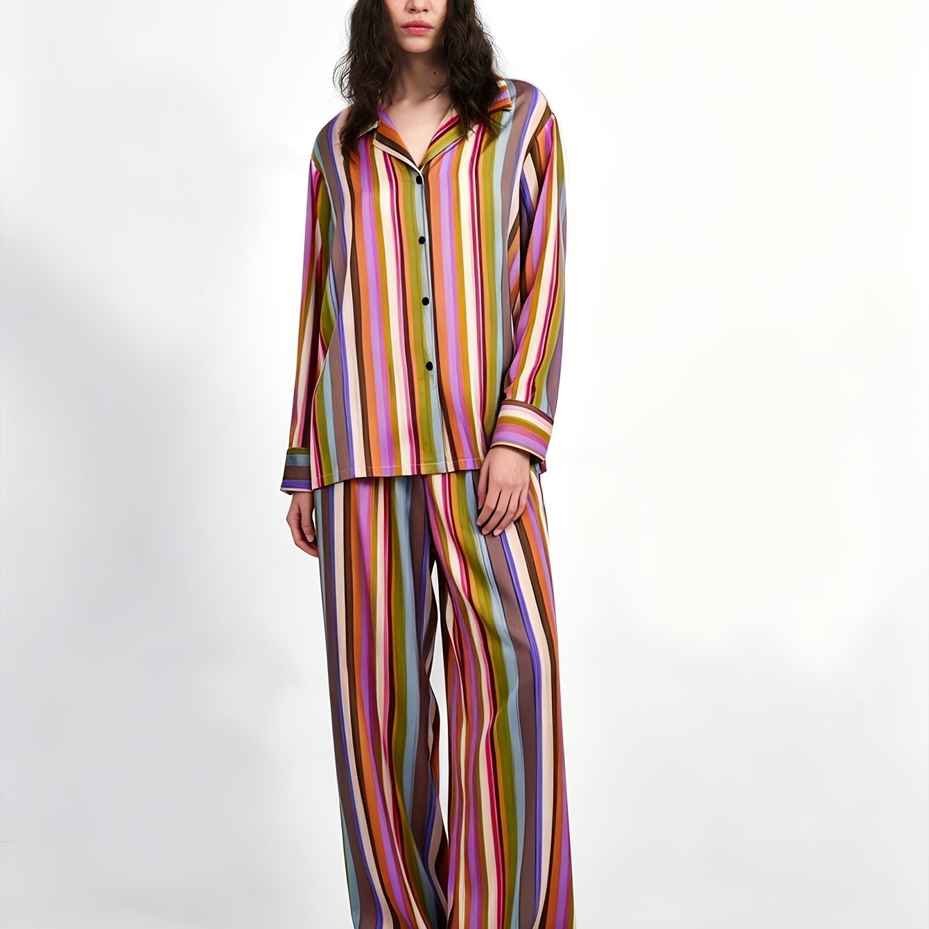 TEMU Fashion 2pcs Set Women's Lapel Button-up Cardigan Long Sleeve And Pants Pajama Set Soft Comfortable Casual Trendy Style
