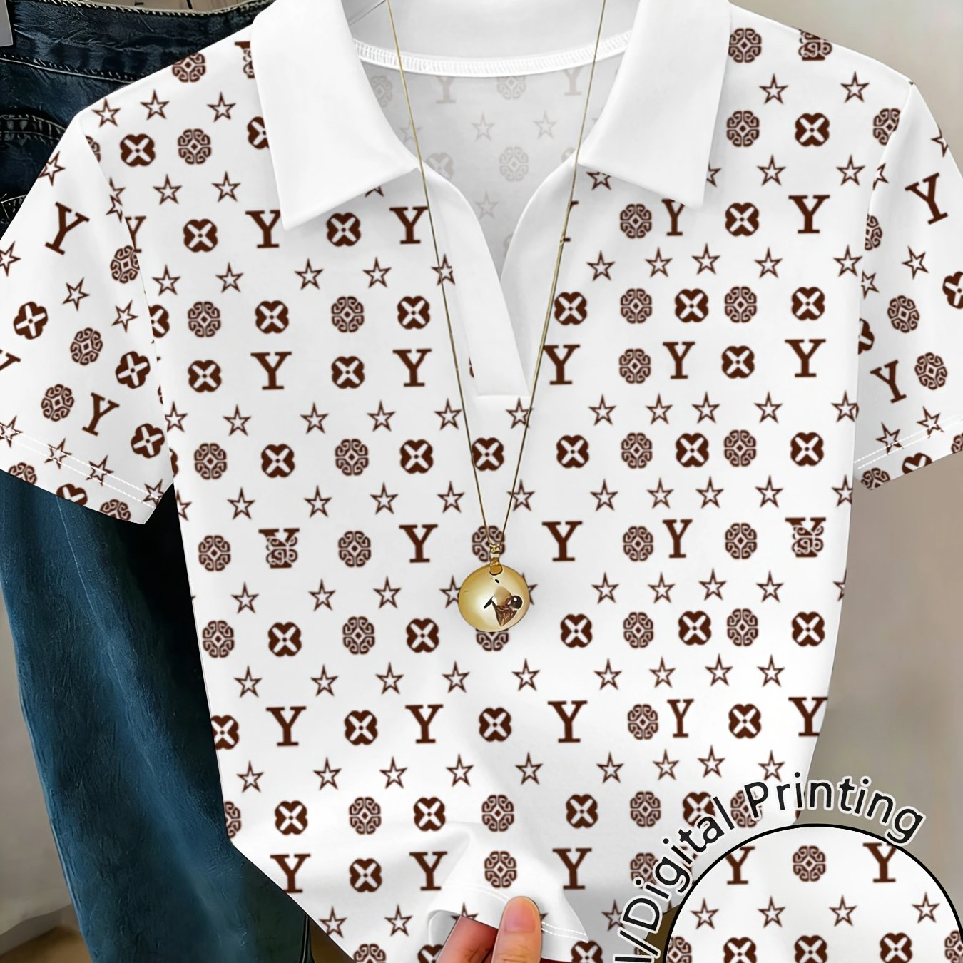 TEMU Fashionable Women's Breathable Printed Short-sleeved Top, All-match Fashion, With A Niche Design And Patterns, Perfect For Casual Attire,