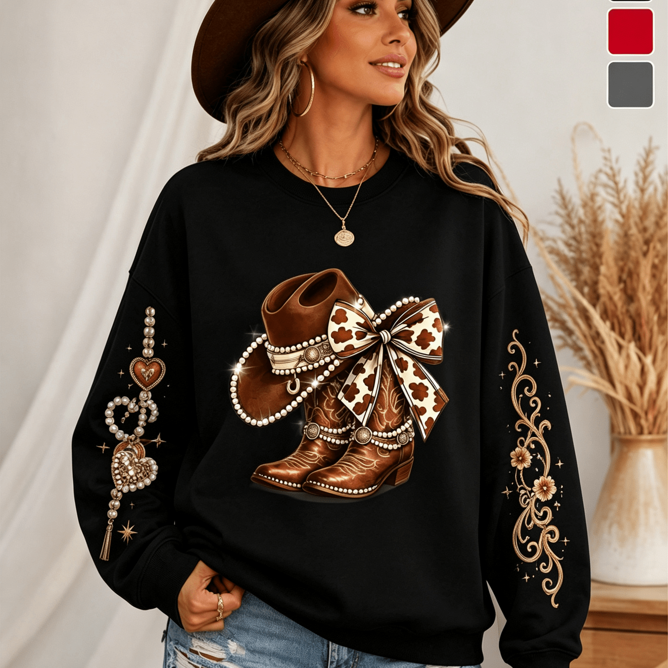 TEMU Women's Western Cowboy Boots And Bow Print Crewneck Pullover Sweatshirt, Cute Vintage-inspired Casual Loose For Everyday Wear, Weekend , And