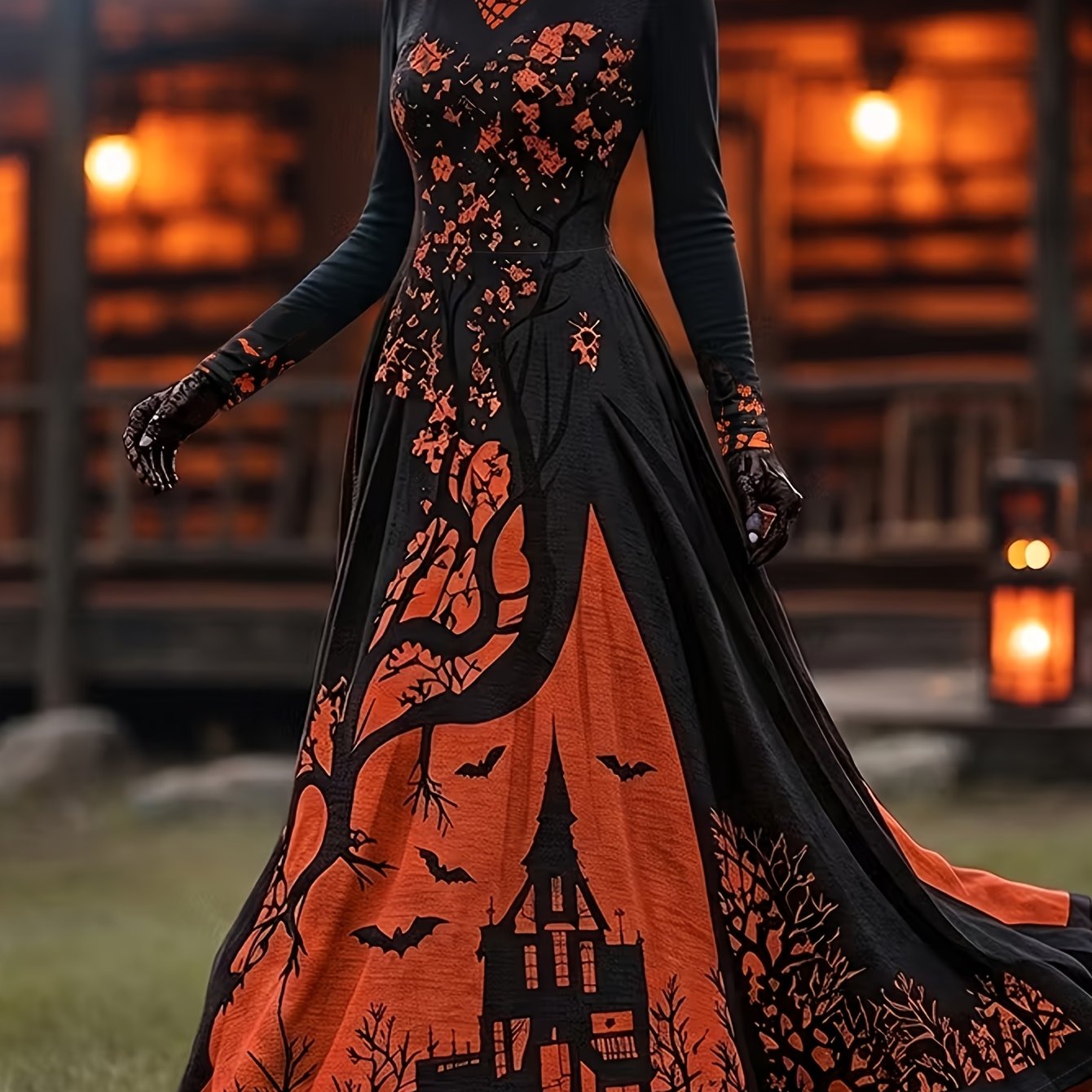TEMU Robe d'Halloween pour femmes, Robe longue à manches longues et col rond, Robe longue rétro gothique chauve-souris arbre imprimé Jupe à jupe Robe