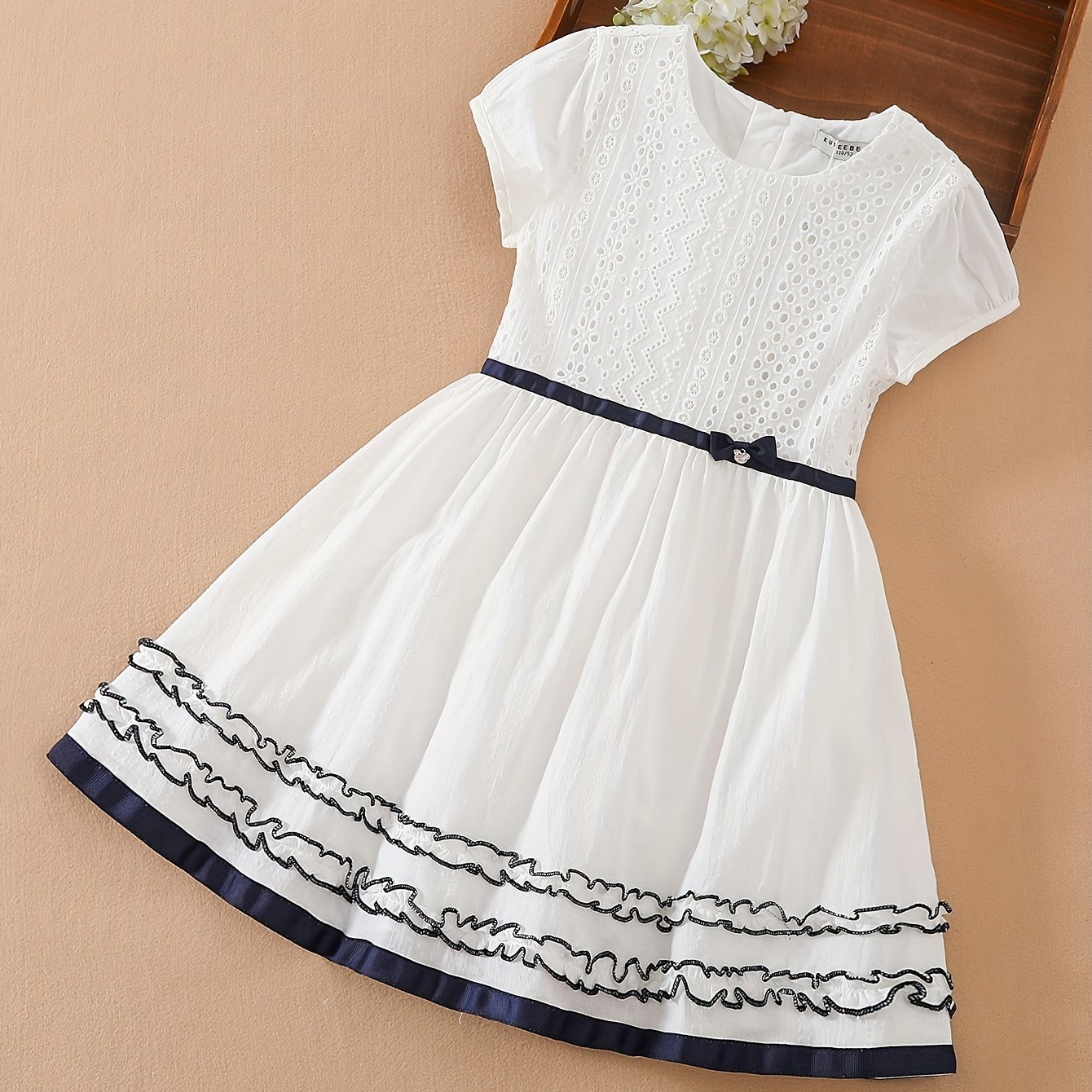 Image of Girls' Dress With Cutout Fabric, Fashionable Lace Hem And Bow Detail, Elegant White Dress For Older Children, Round Neck A-line Skirt, Short Sleeve Casual Dress, Summer New Style Clothing