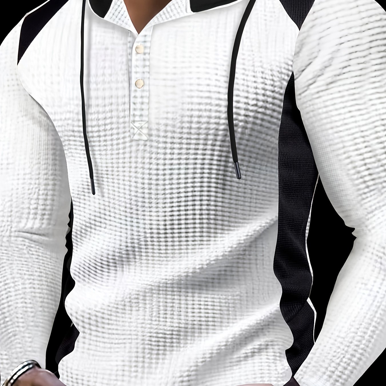 Image of Men's Waffle-knit Color-block Hooded Henley Shirt With Metal Buttons - Long Sleeve Casual Pullover For Spring/fall, Machine Washable Outdoor & Casual Attire, Apparel, Soft Texture Apparel