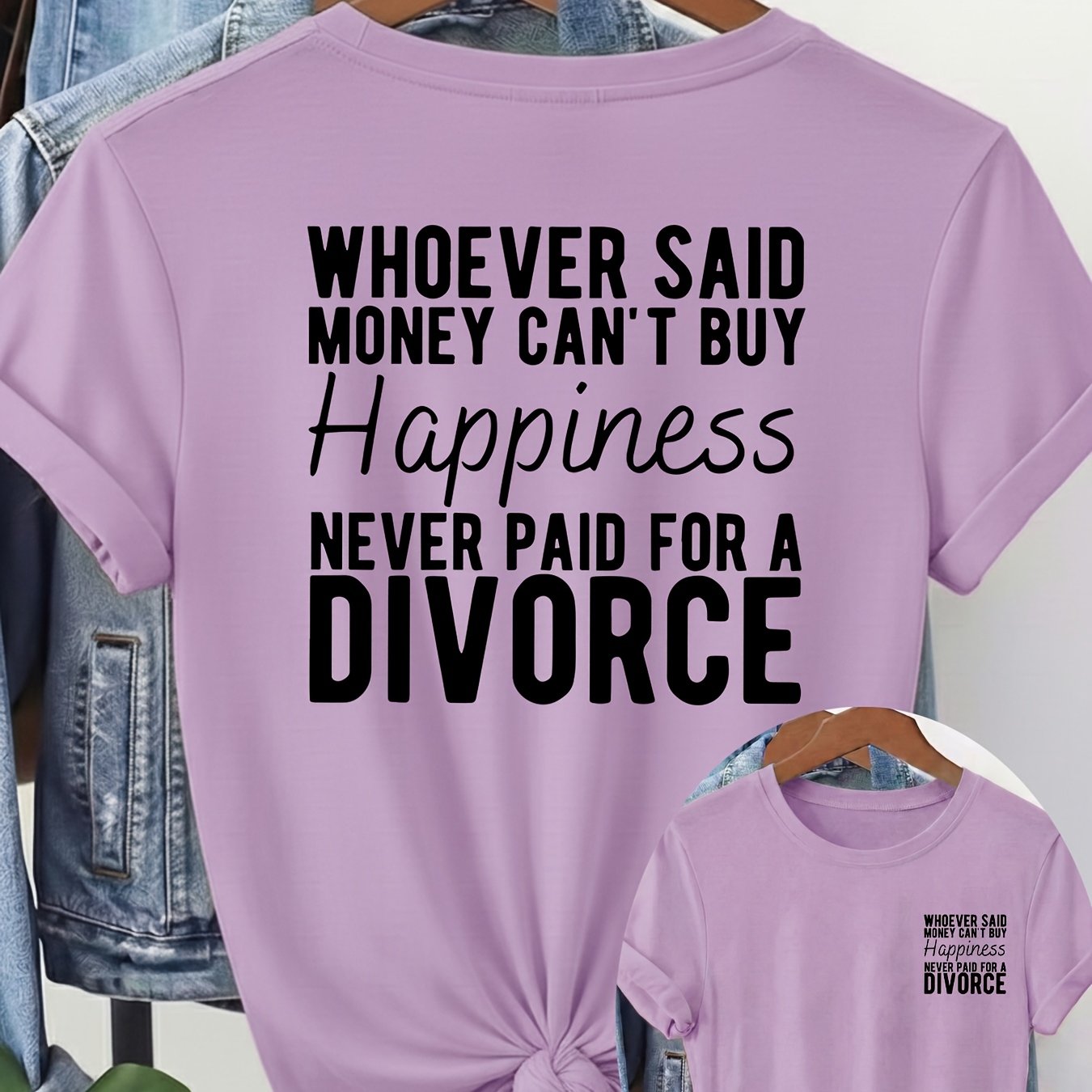 TEMU Women's Funny Divorce Saying T-shirt - " Happiness Never Paid For A Divorce" Short Sleeve Round Neck Loose- With Slogan Print, Machine Washable