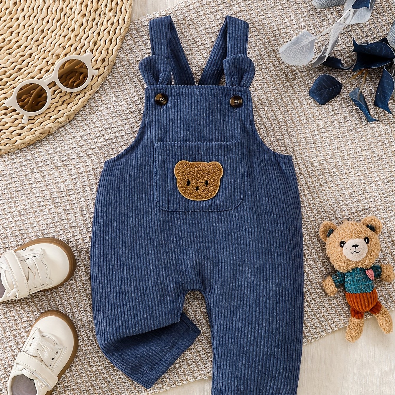 Image of Toddler 3d Ears Cute Overalls Corduroy Fabric With Pockets And Bear Stamp, For Outdoor
