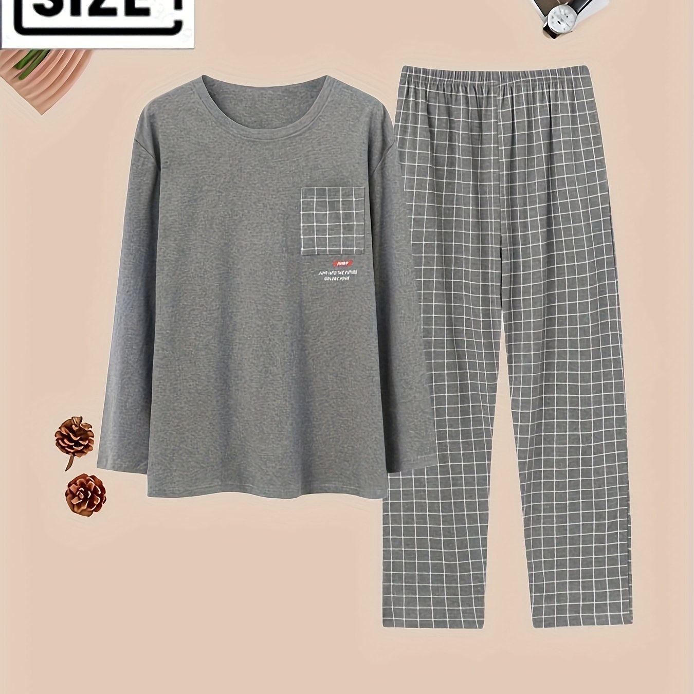 Men's Plus Size Pajama Set With Round Neck Design, Polyester And Spandex Blend, Knitted Fabric, Suitable For Comfortable Wear In , Plus Size