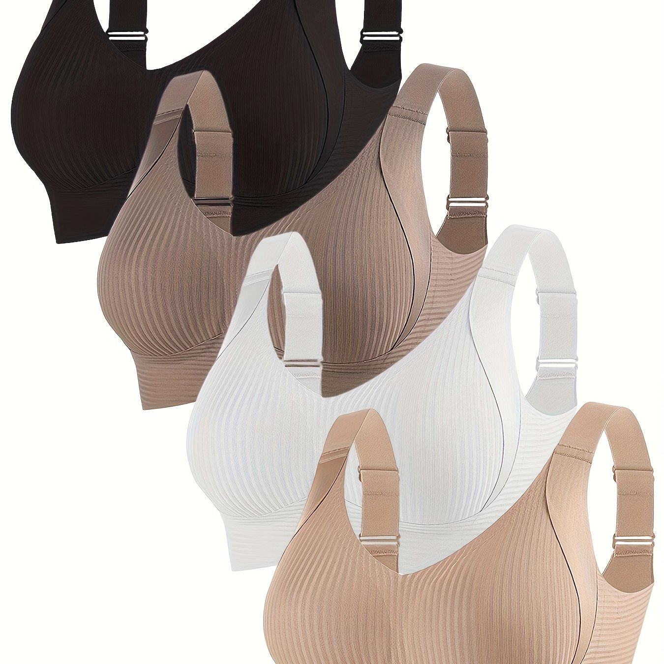 4pcs Elegant Solid Color Bralette - Women's Comfortable Fabric Wireless Bra With Soft Support And Non-removable Padding, Medium Support, Adult Polyamide Material With Wide Straps