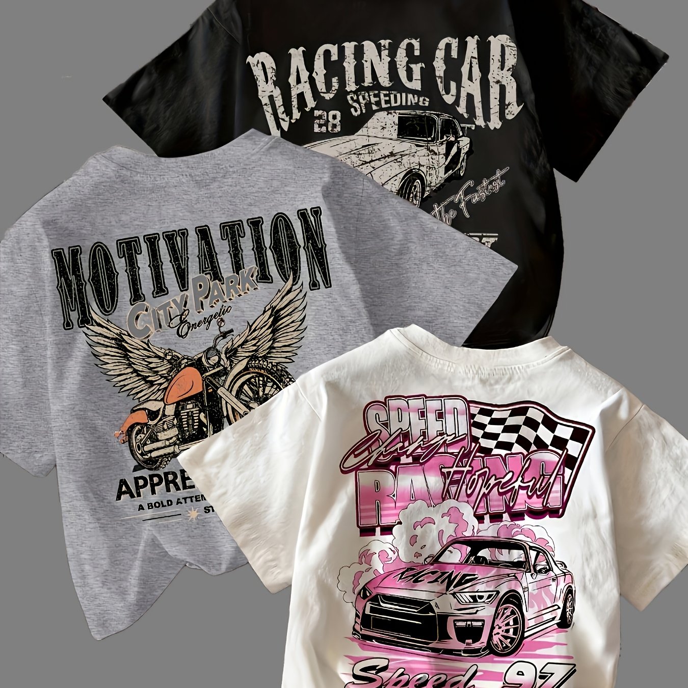 TEMU 3pcs Women's Fashion Casual Printed T-shirt, Retro Motorcycle Printed T-shirt