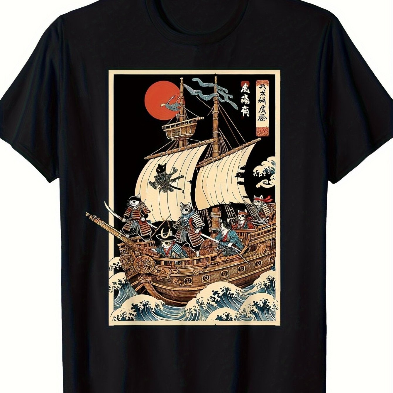 TEMU Men's Crew Neck 2d Printed T-shirt, -e Cat Nautical Map, Japanese Vintage Style With A Cool Vibe, Highlights The Artistic Texture, Niche Outfit
