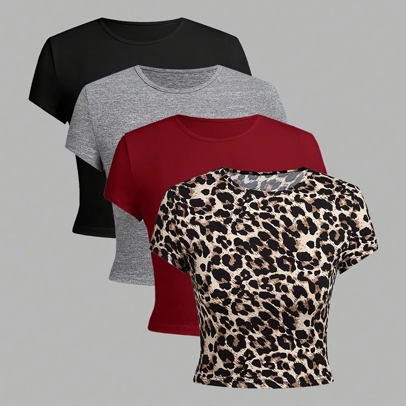 TEMU Western Spring Summer Autumn Solid Leopard Print Mixed Round Neck T-shirt 4pcs Set