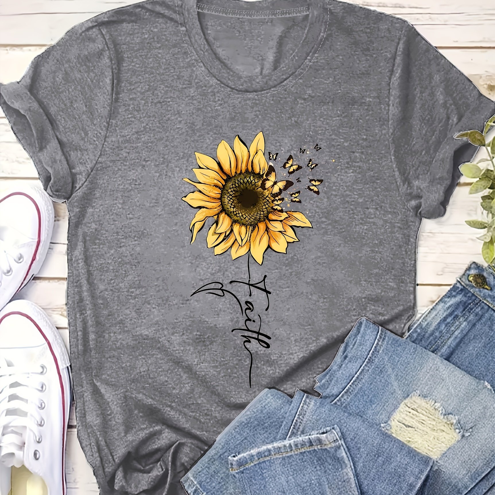 TEMU Sunflower Print Short Sleeve T-shirt, Casual Crew Neck Top For , Women's Clothing