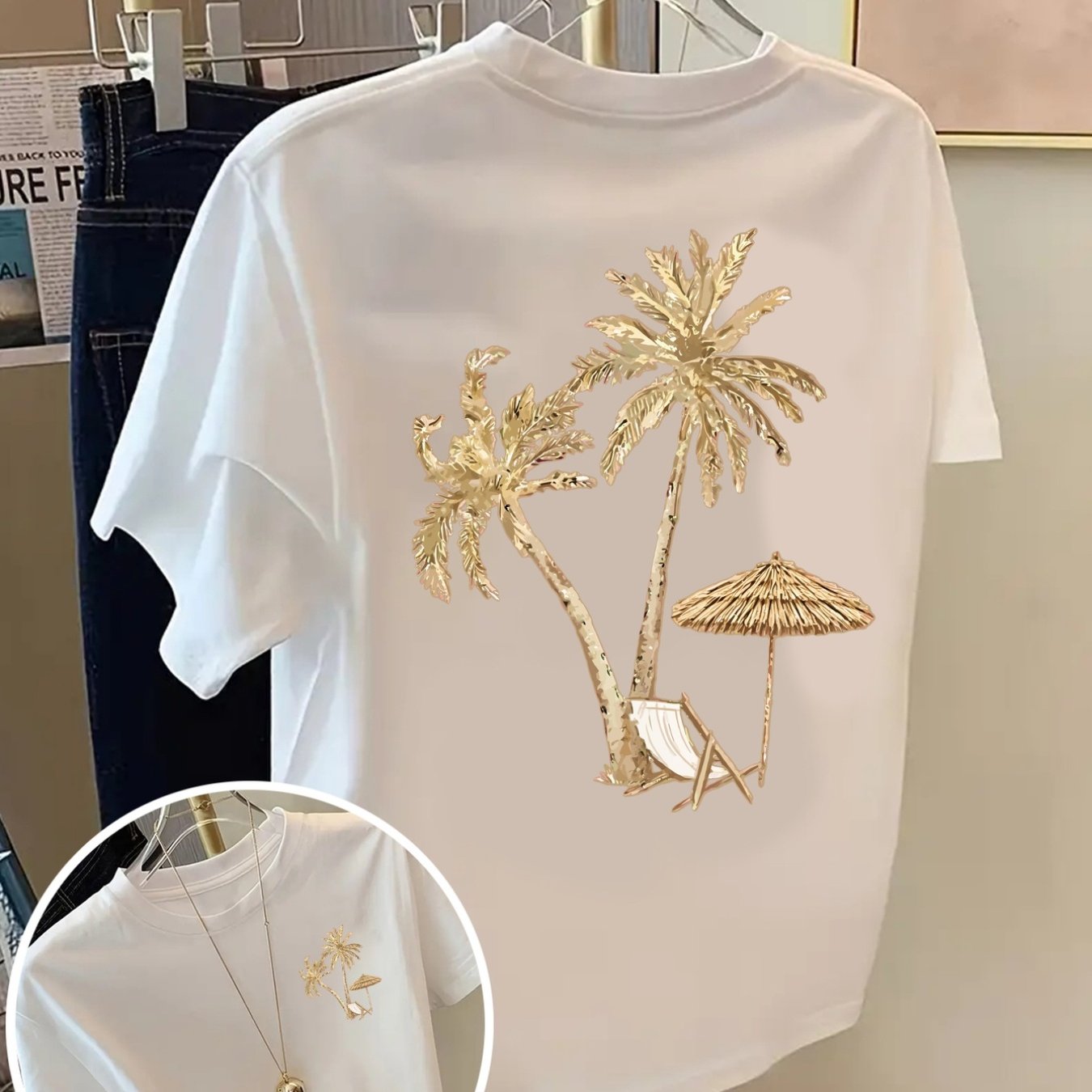 TEMU Front And Back Shortsleeve Tshirt Golden Palm Tree, Beach Chair Fashion Print Women's Spring And Summer Trendy Print Tshirt, Fashionable And