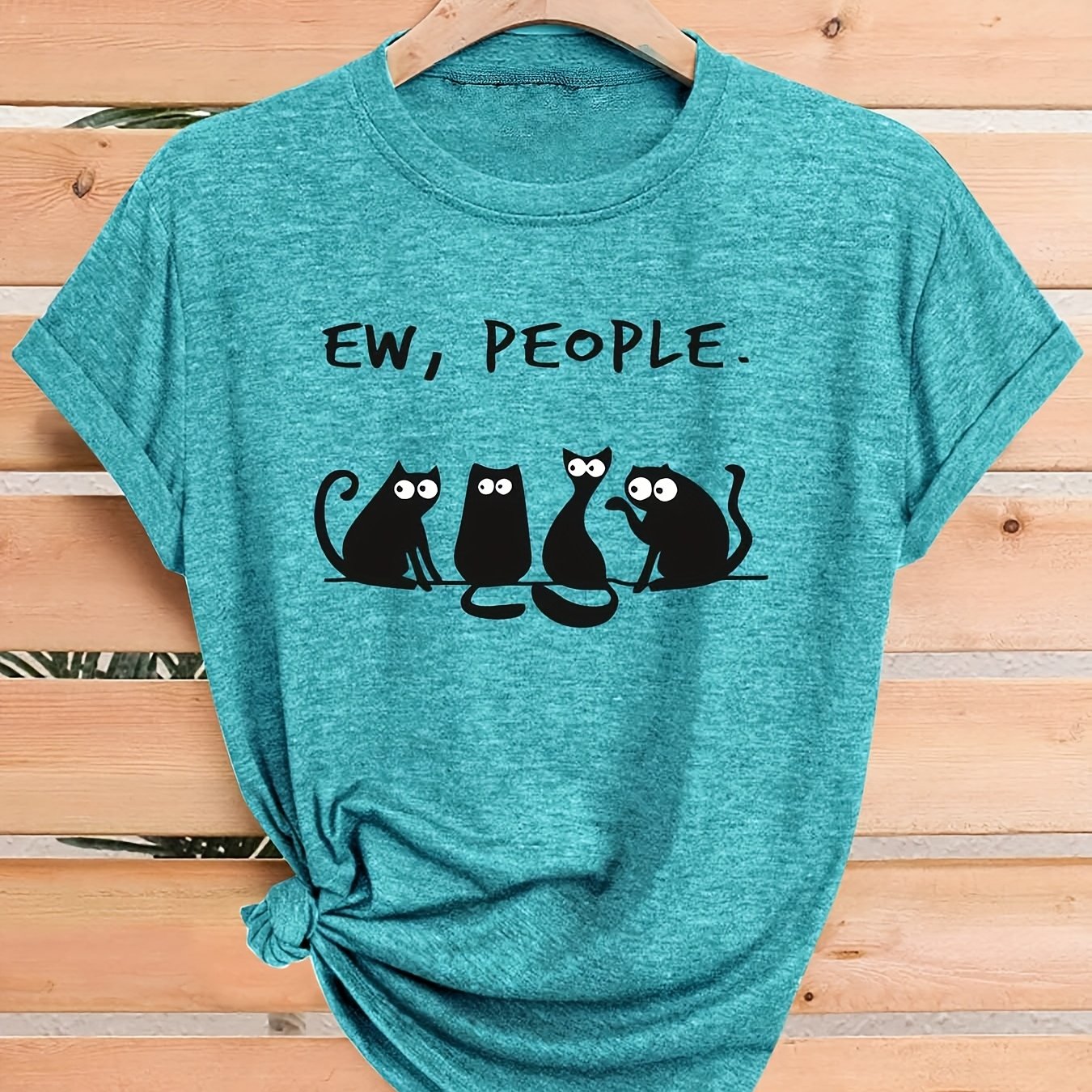 E-shop Damens Freizeit-T-Shirt mit Kurzarm und verspieltem "EW, MENSCHEN" Cartoon-Katzenmotiv - Retro-inspiriertes Lässiges Schnitt, Weicher