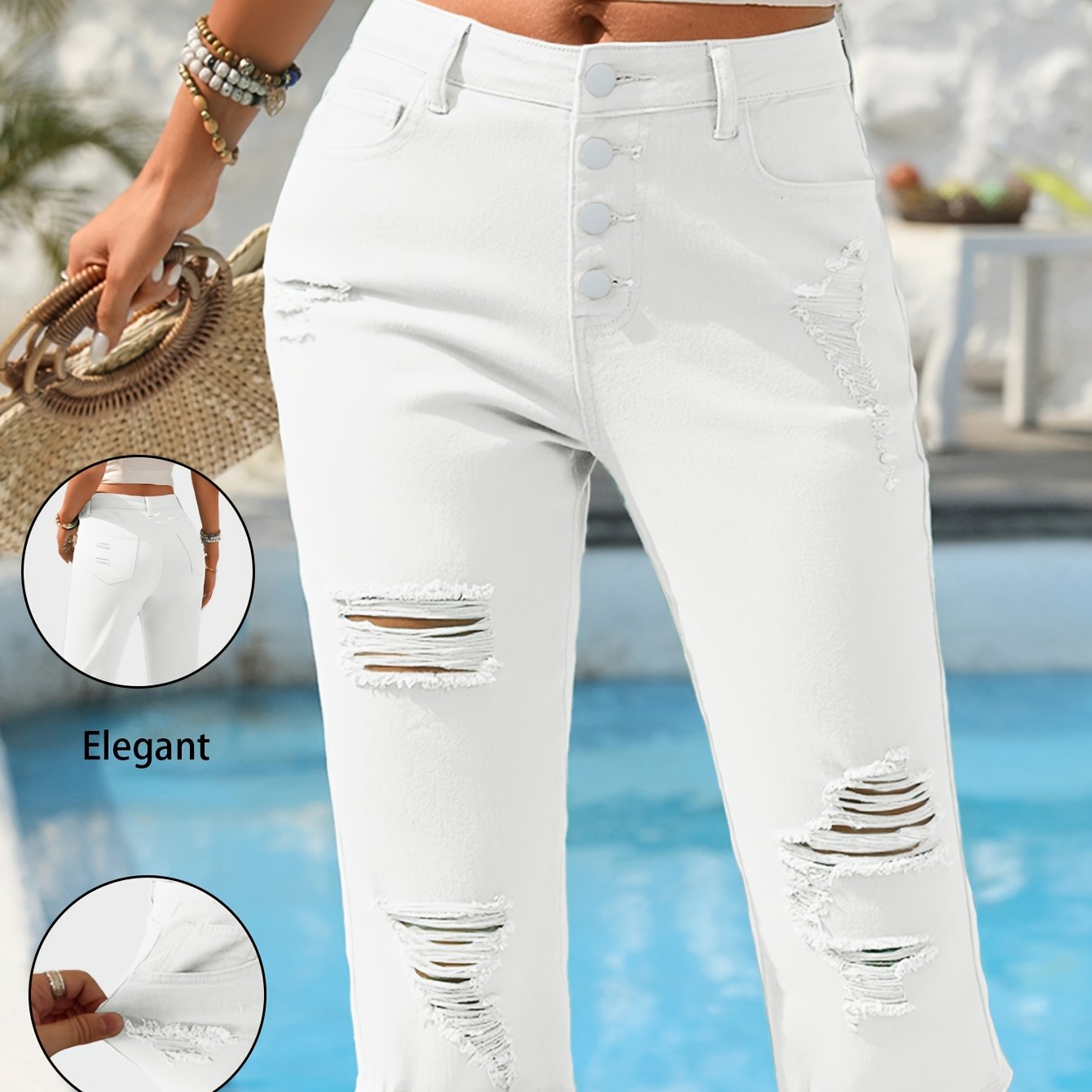 Beautiful Hot Women's Clothing American New Women's Elegant Casual Versatile Medium High Elasticity Distressed Bermuda Shorts Jeans Women's 618595