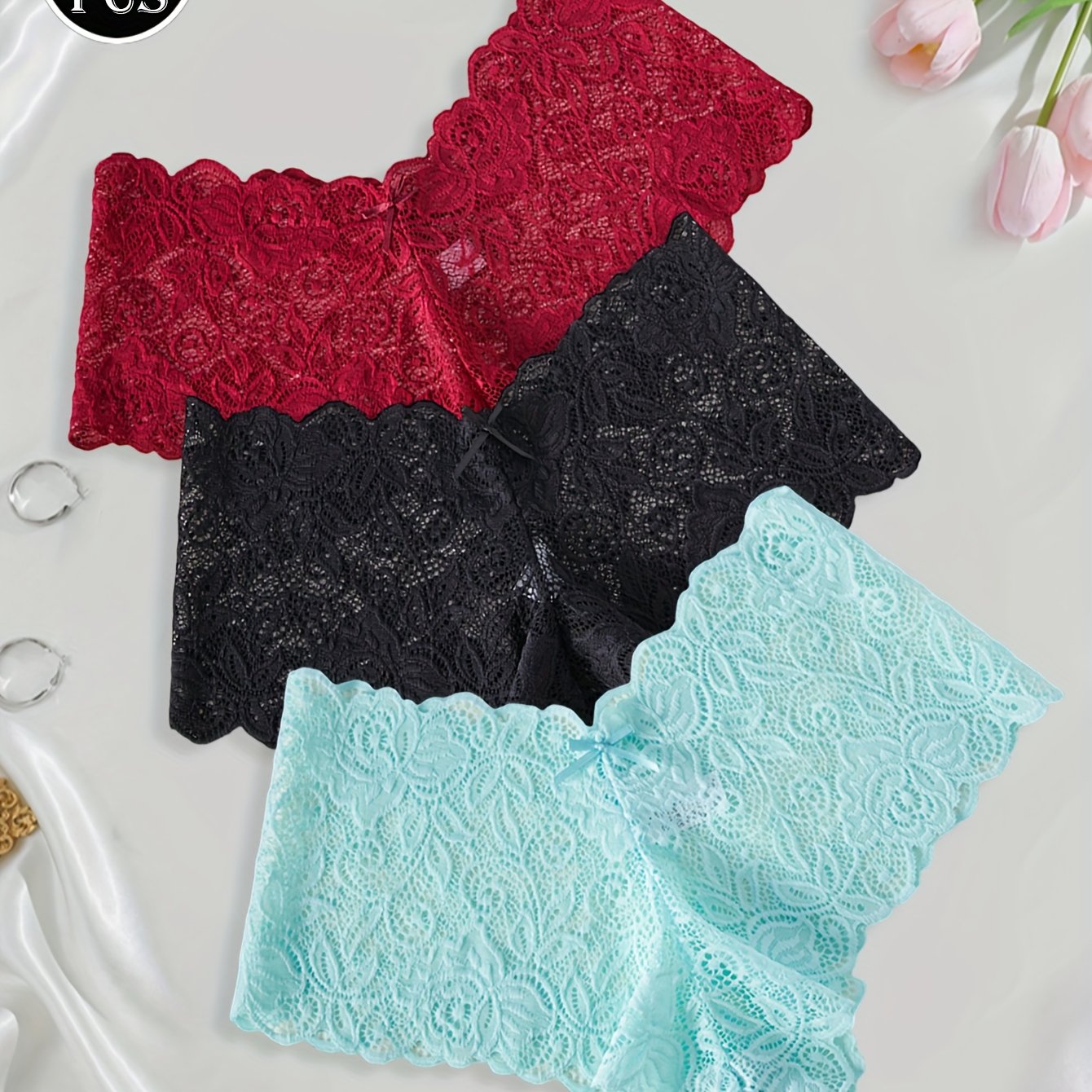 TEMU 3pcs Lace Elegant Mid-rise Comfy Scallop Trim Panties -with Floral Embellishments, Soft And Breathable Lingerie Underwear For Casual Attire,