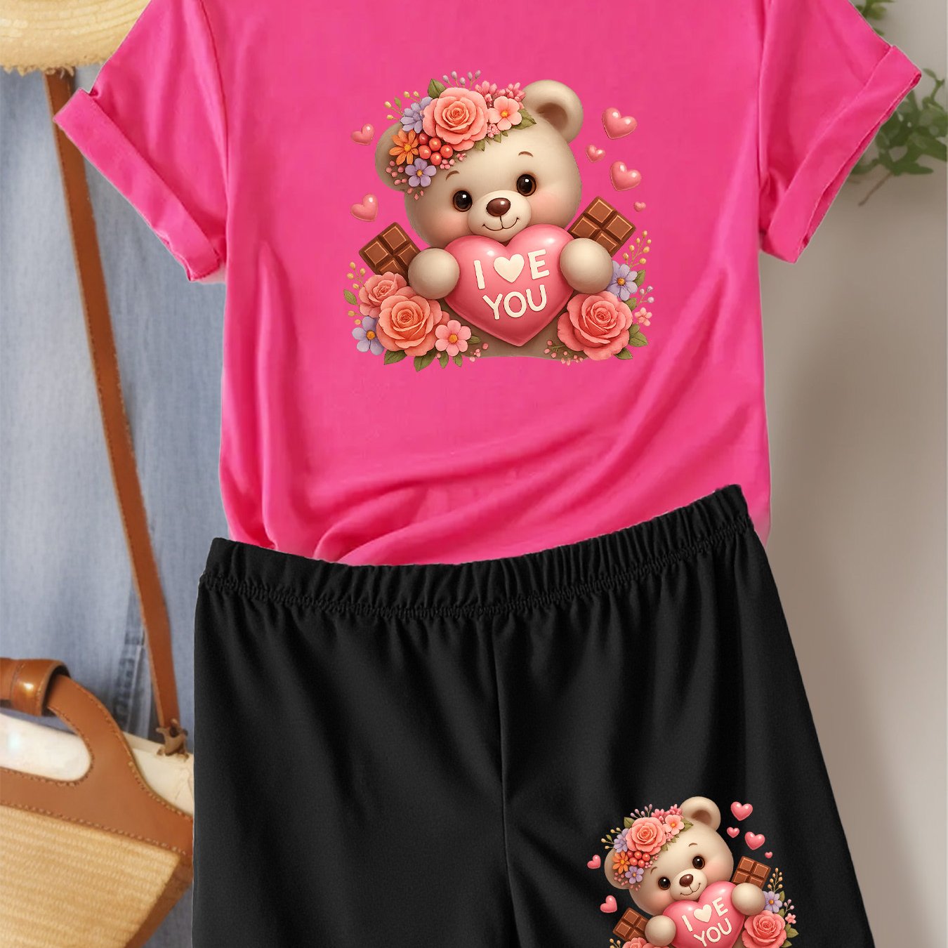 TEMU Adorable Bear I Love Short Sleeve Shorts Set Women's Summer Casual Outfit Cartoon Floral Two-piece Ii 336