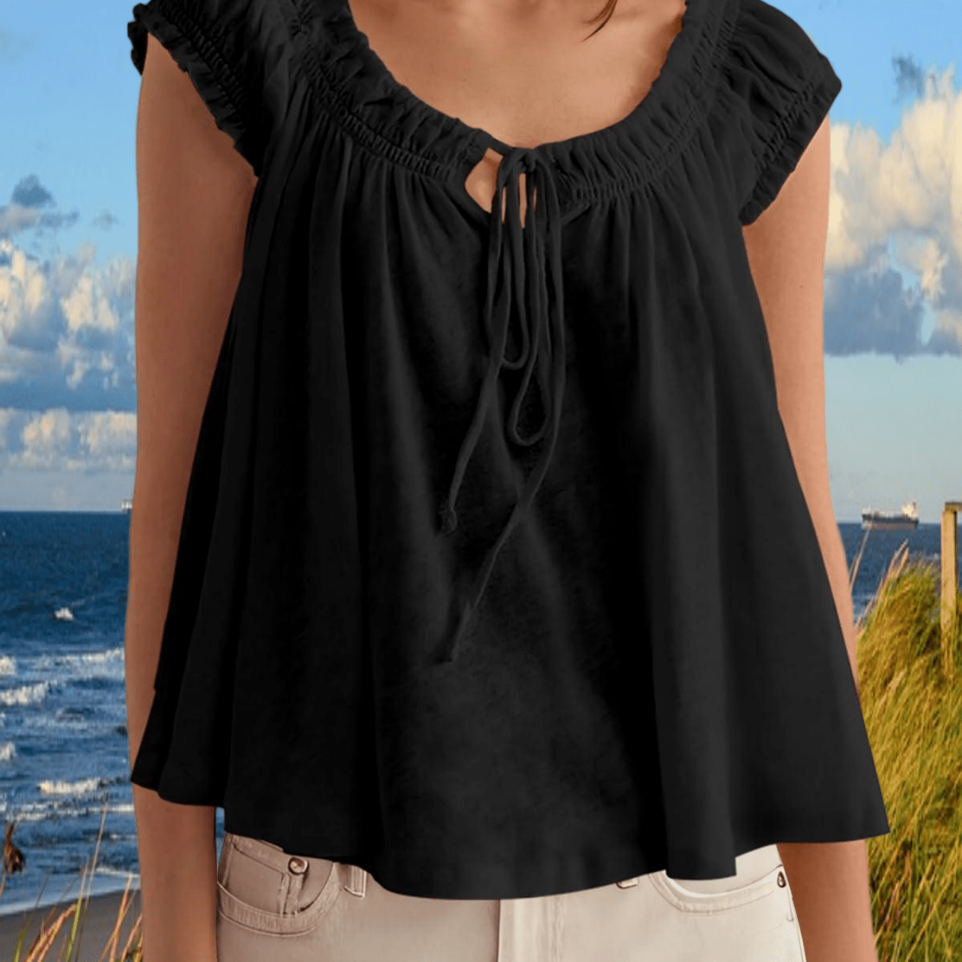 Image of Women's Spring Summer Daily Chic Tie Front Babydoll Tank Top | Trendy Cap Sleeve Pleated Flowy Shirt For Summer Casual Going Out Fashion