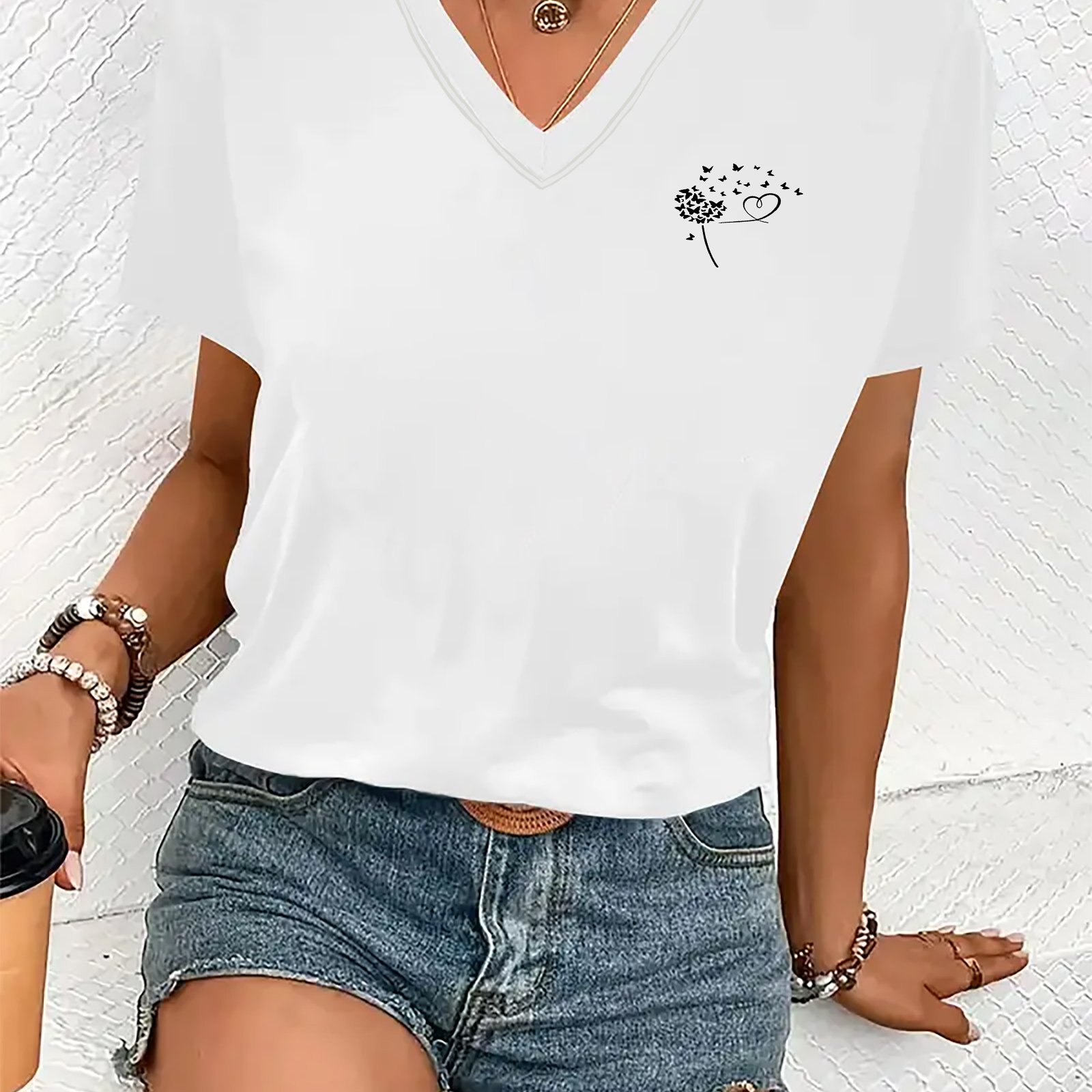 TEMU Y2k, Trendy Fashion, Delicate Small Chest Print, Women's V-neck Regular Short Sleeve, Casual And Comfortable, Women's Spring/summer Clothing