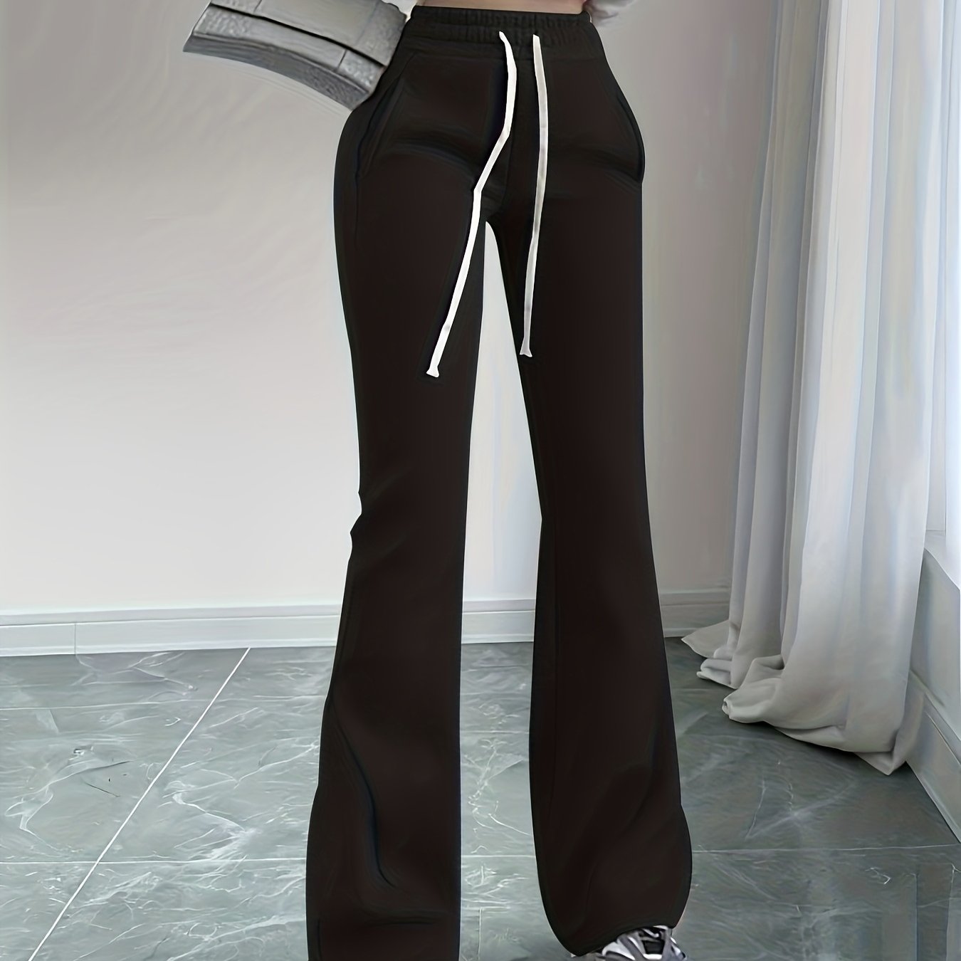 TEMU Women's -style Elastic High-waist Micro-flared Fleece Sweatpants For Women Winter