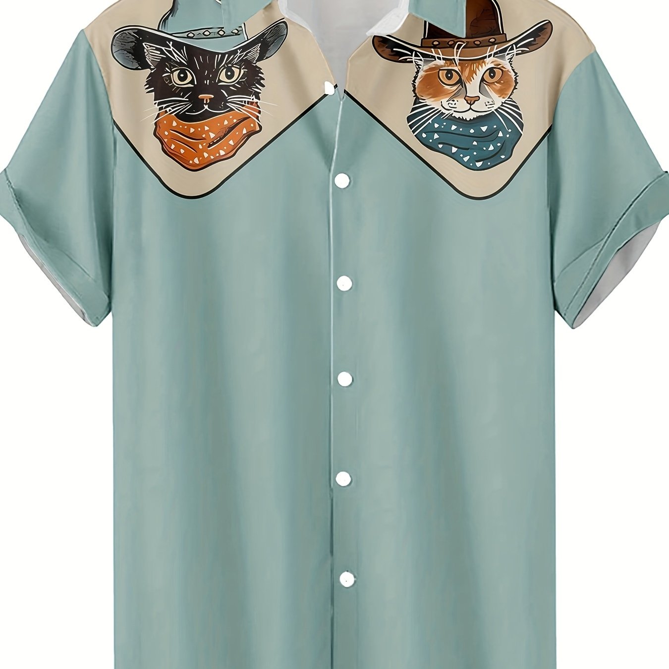 TEMU Retro Western Cowboy Cat Pattern 3d Print Men's Stylish Casual Shirt, Unique Hip-hop Hawaiian Shirt