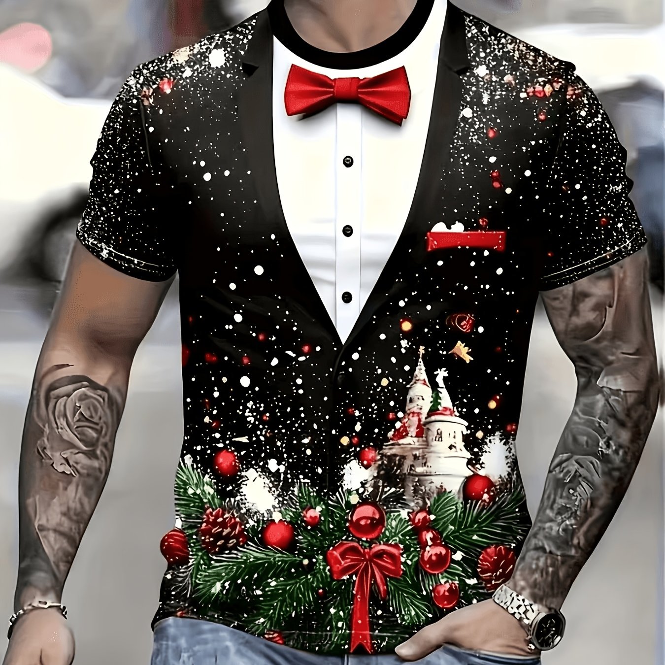 TEMU Gift, Men's Holiday 3d Printed T-shirt - Festive Apparel With Tuxedo And Christmas Elements, Machine Washable - Ideal Gift For Boyfriend Or