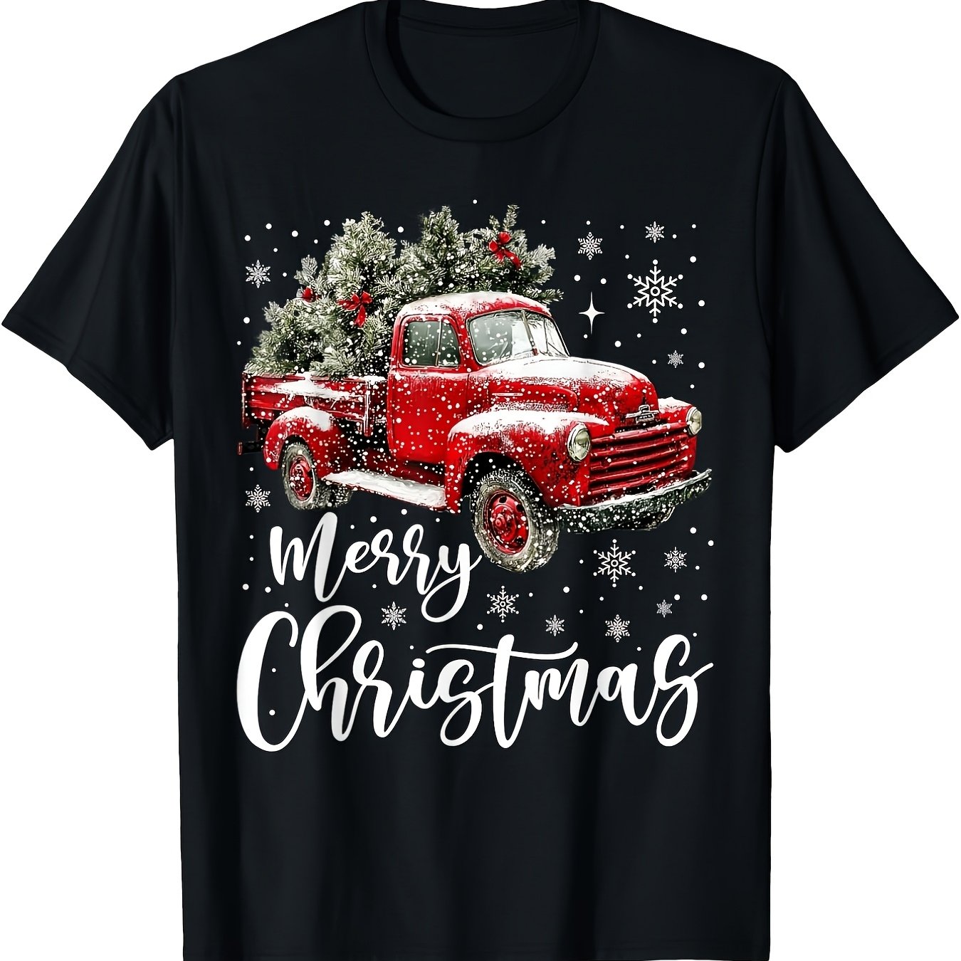 TEMU T-shirt de Noël Camion Rouge Vintage avec Acheteurs des Fêtes Streetwear Mode Imprimé Dessin Animé Haut à Col Rond en Respirante Acheteurs des