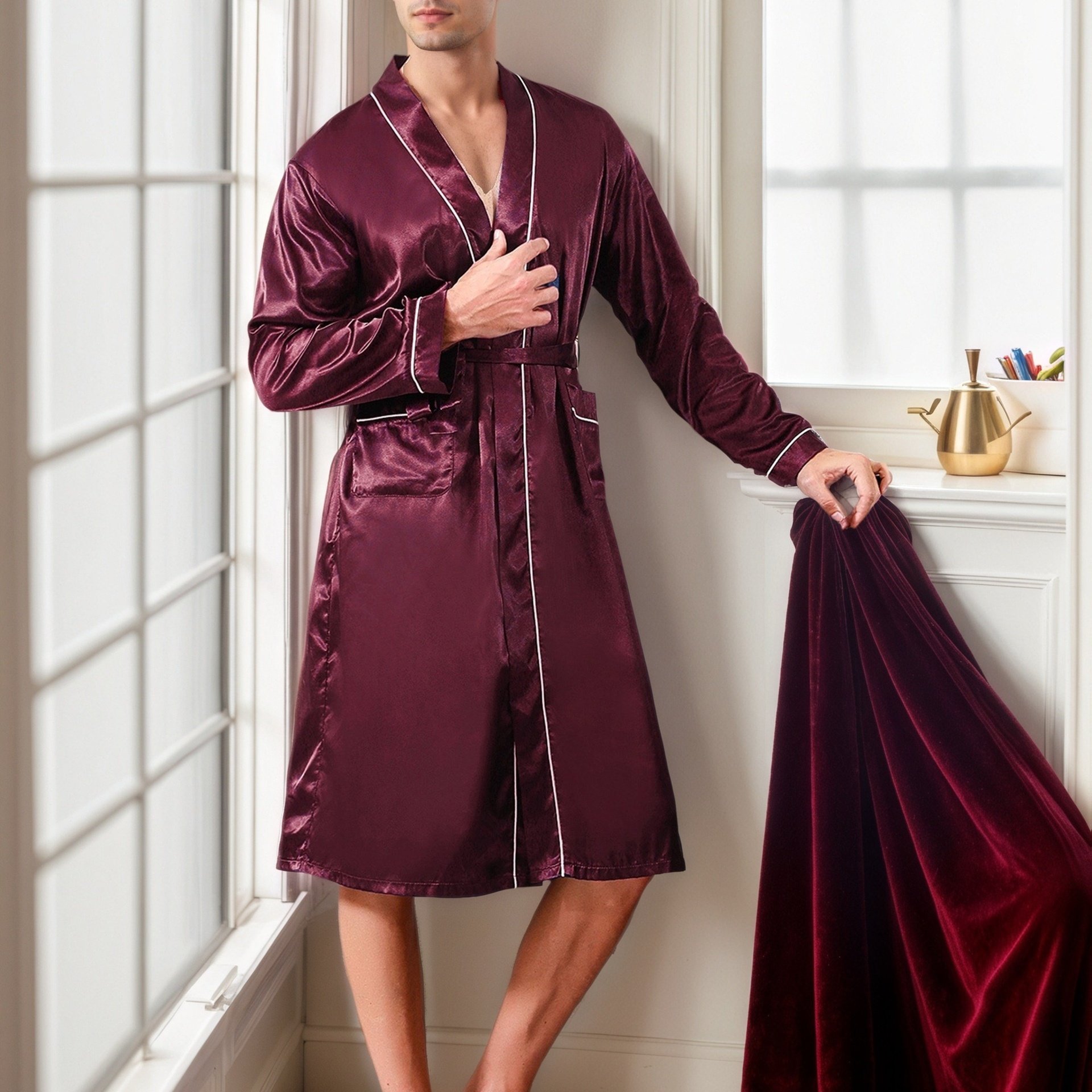 Image of 's Webbing Robe, Men' Pocket Lightweight Long-sleeved Pajamas, -friendly And Comfortable Bathrobe, Soft And Breathable, Suitable For Autumn, Winter, Spring And Summer.