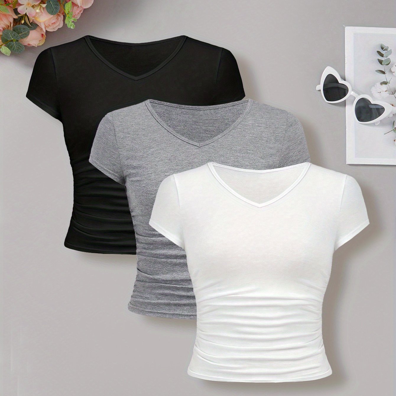 3pcs Set Teen Girl Summer Fashion Sports V-neck Tight-fitting Top T-shirt Outing Versatile Black White Gray Outerwear Clothing, For Teenager