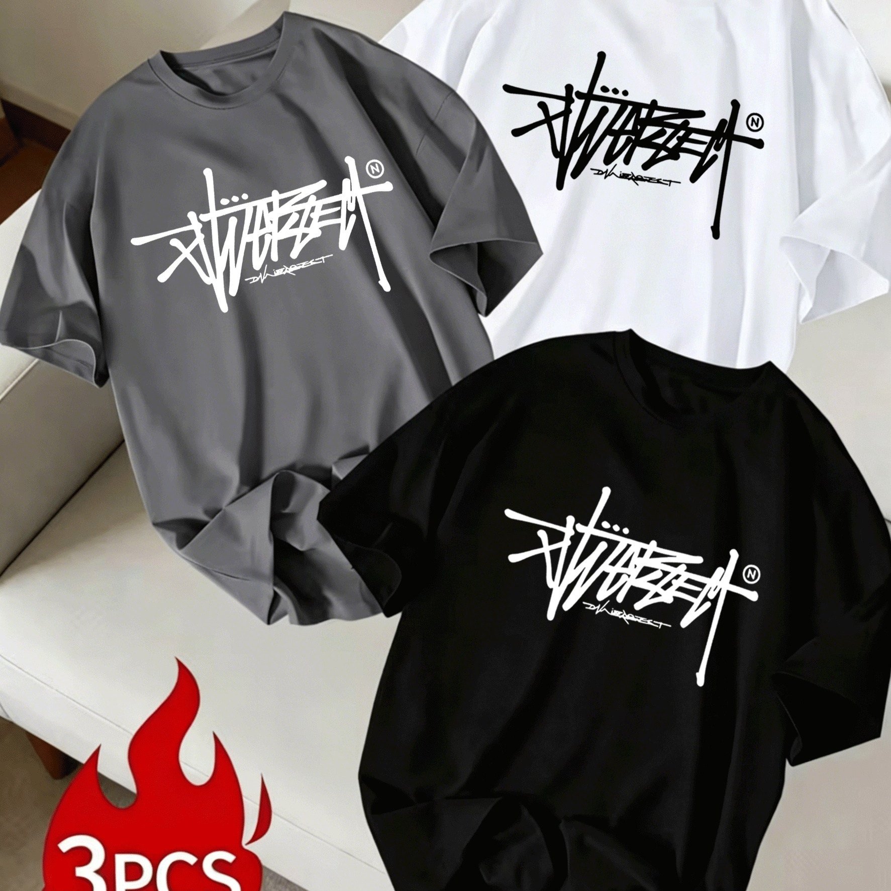 TEMU Three-piece Set. 's Trendy Loose-fit Round-neck T-shirt Three-piece Set, Casual Everyday Short-sleeve T-shirt, Artistic Letter Pattern, Printed