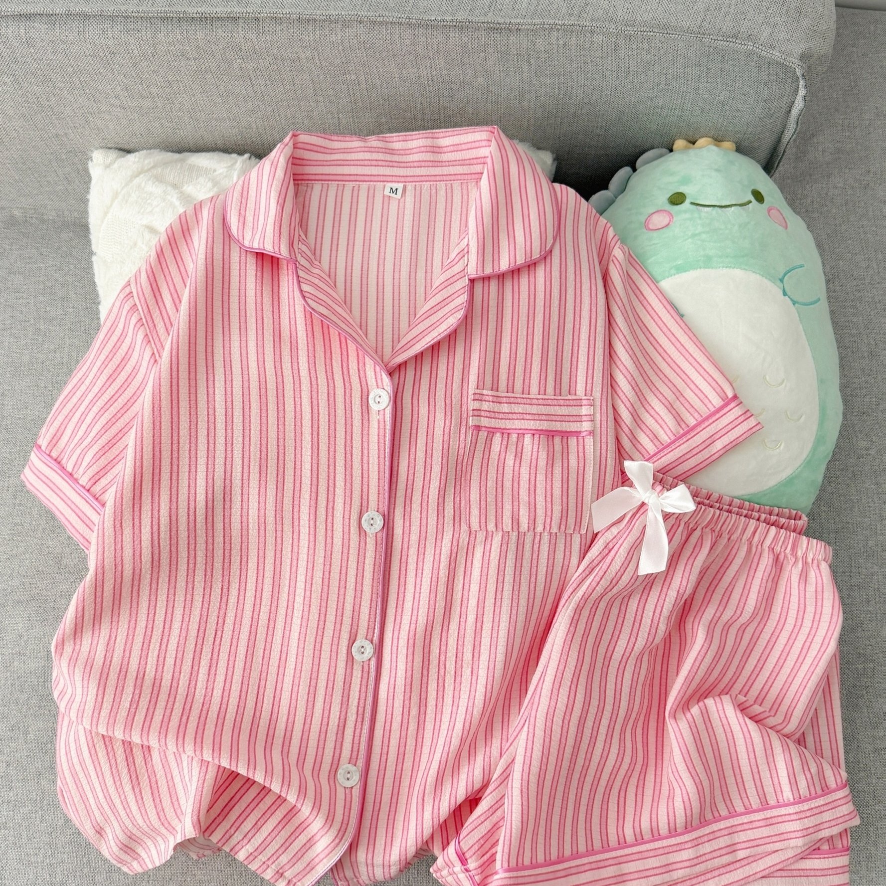 TEMU Summer Elegant Women's Pajamas, Pink And White Striped Print Short Sleeve Lapel Collar And Bow Shorts 2pcs Loungewear Set, Comfortable And Wear,