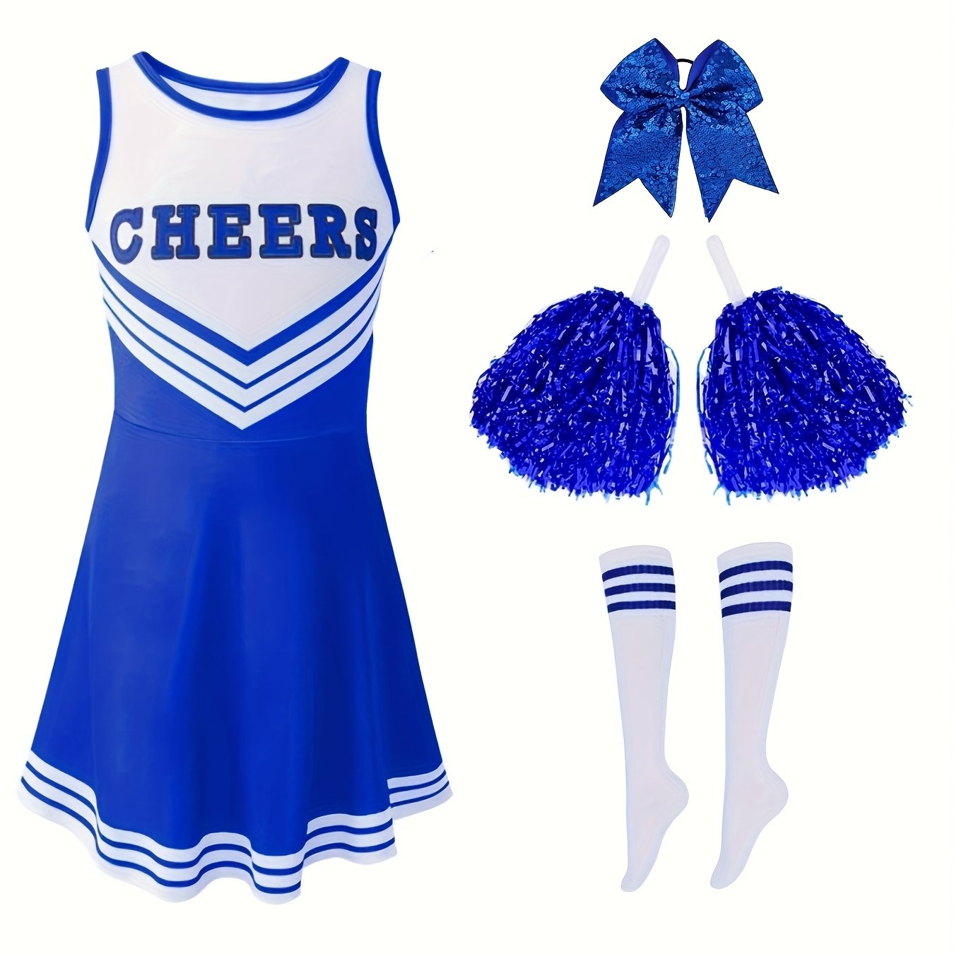 Image of Girls' Blue Cheerleading Dress Set With Bow Scrunchie, Cheer Pompoms And Socks, Ideal For Party, Sports And Outdoor Children's Performances