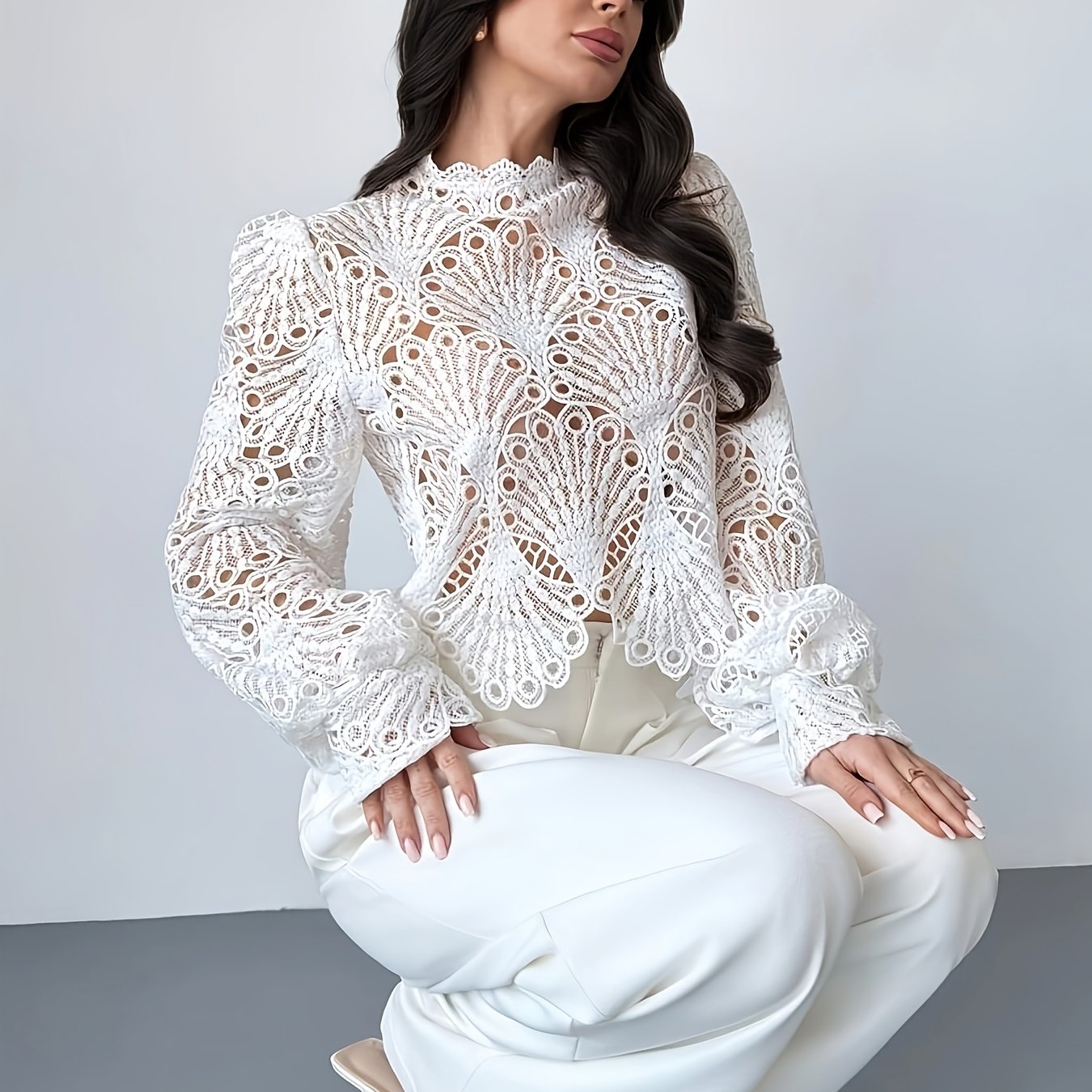TEMU Elegant Party Women's Clothing, Shirt, Fashionable Shirt, Casual Shirt, , Beautiful Women's Shirt, Cut-out Embroidered Shirt, Scallop-edge Hem,