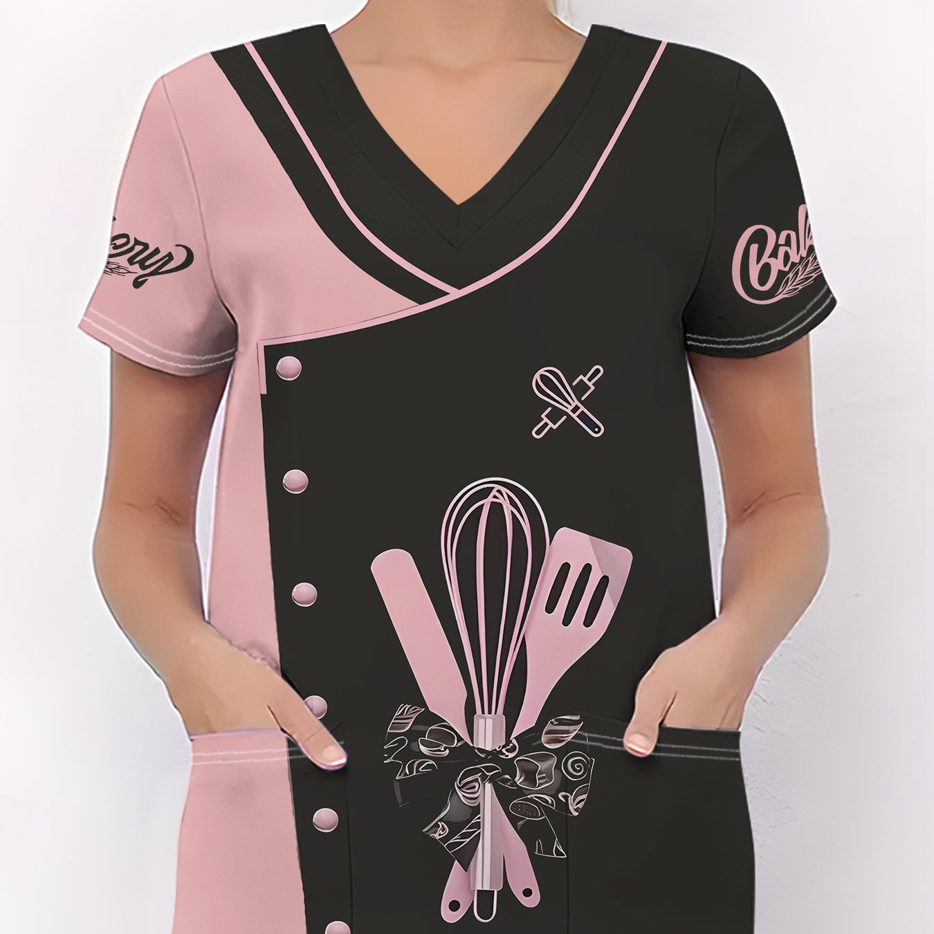 TEMU Chef Work Uniform, Women's Work Suit, V-neck Short Sleeve Workwear, V-neck Short Sleeve T-shirt Black -block V-neck Short Sleeve, Printed Baking