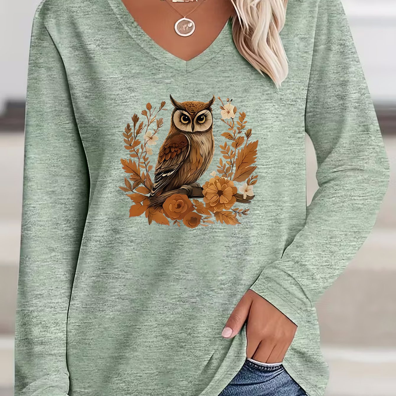 TEMU Women's Casual Long Sleeve V-neck Casual T-shirt, Owl Pattern Printed T-shirt - For