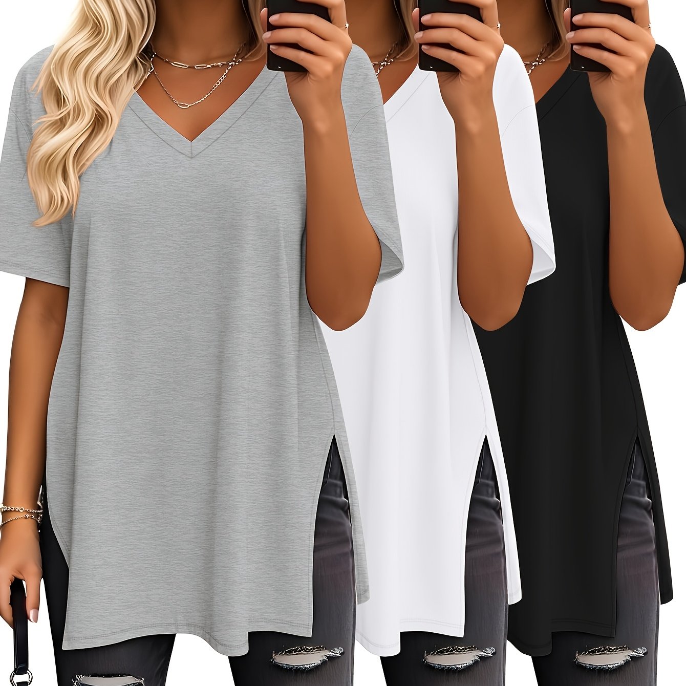 E-shop Dreiteiliges Oversized Damenoberteil, V-Ausschnitt Shirt, Modisches Seitenschlitz Lockeres Kurzarm T-Shirt