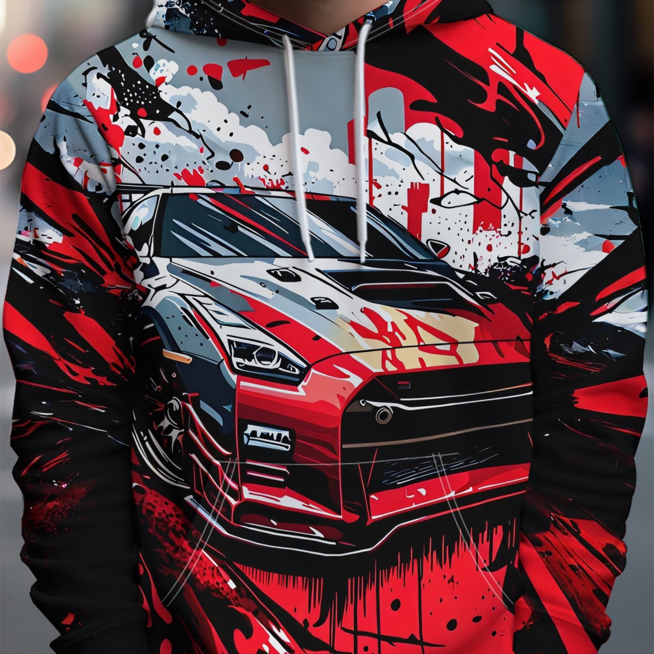 TEMU Trendy Racing Print Men's Hooded Sweatshirt, Sporty Casual Pullover, Polyester, Machine Washable, For Casual Attire