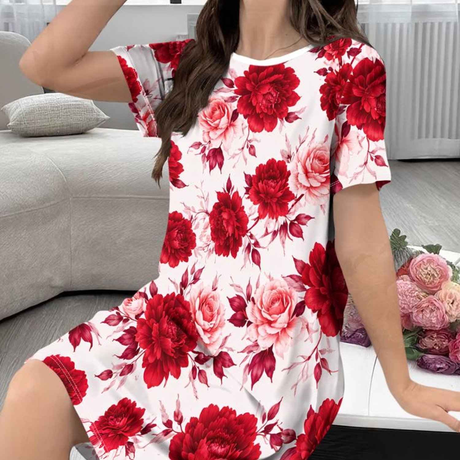 TEMU Women's Loungewear Top, Floral Printed White, Polyester Material, Multiple Sizes , Comfortable For , Stylish Design, Perfect For Relaxing At