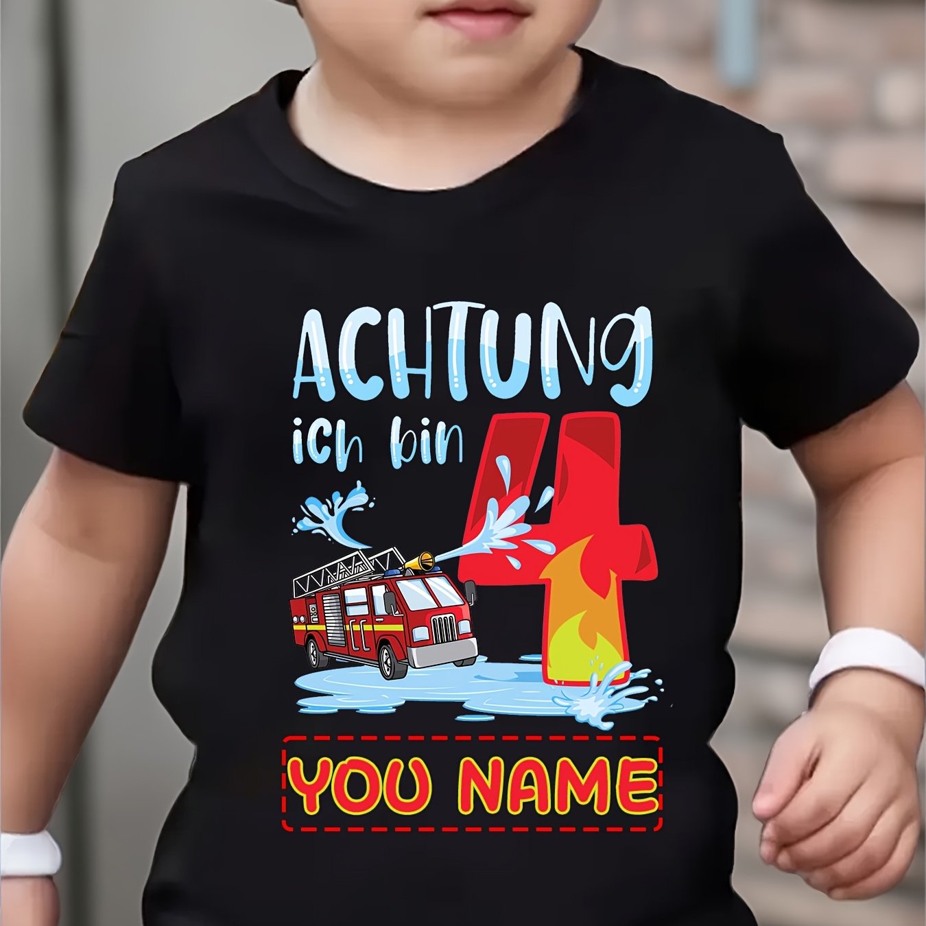 Image of Customizable 4th Birthday Engine Flame Letter Pattern Print Boy T-shirt, Ideal For A Party Gift