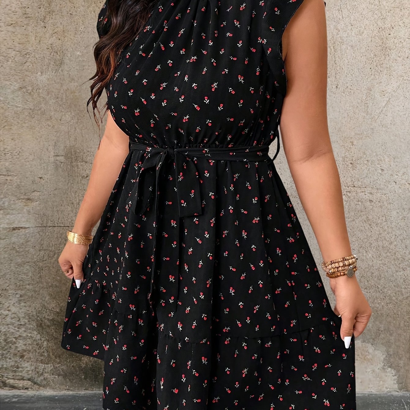 TEMU Plus Size - Plus Size - Plus Size Blumenkleid mit Rüschen-Abschluss, A-Linie, lässig, Urlaubskleid