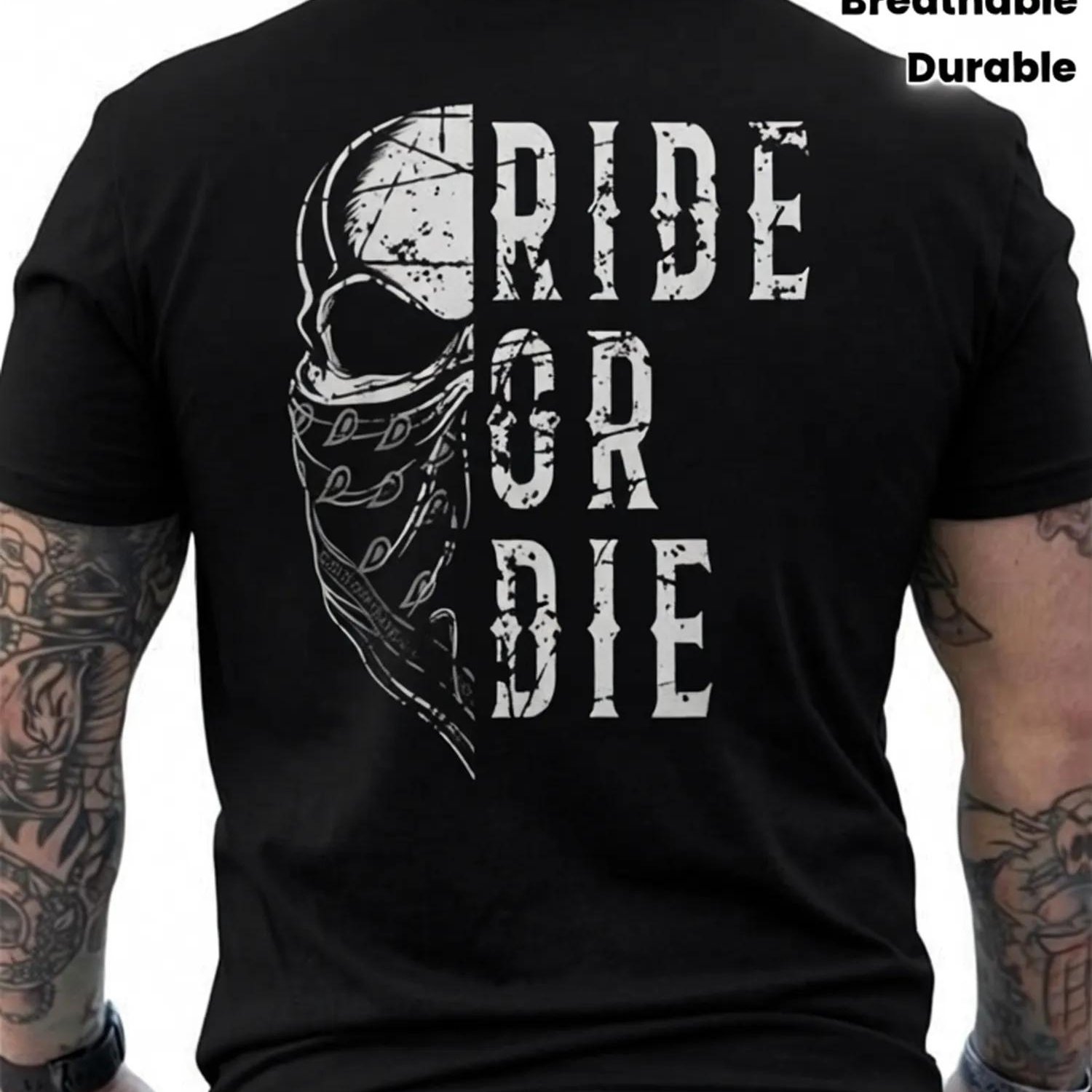TEMU Men's Motorcycle Back Print T-shirt - Black Biker Pattern Tee, Comfortable And Breathable Casual Wear For Riding - Machine Washable , Urban