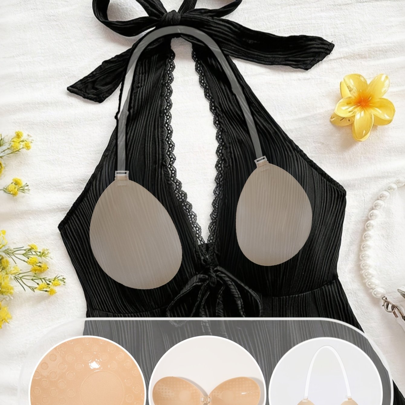 1pair Push Up Adhesive Bra With Invisible Straps - Front Breast Lift, Comfortable & Reusable For Backless Dresses, Swimsuits, Bikini & Deep V Outfits