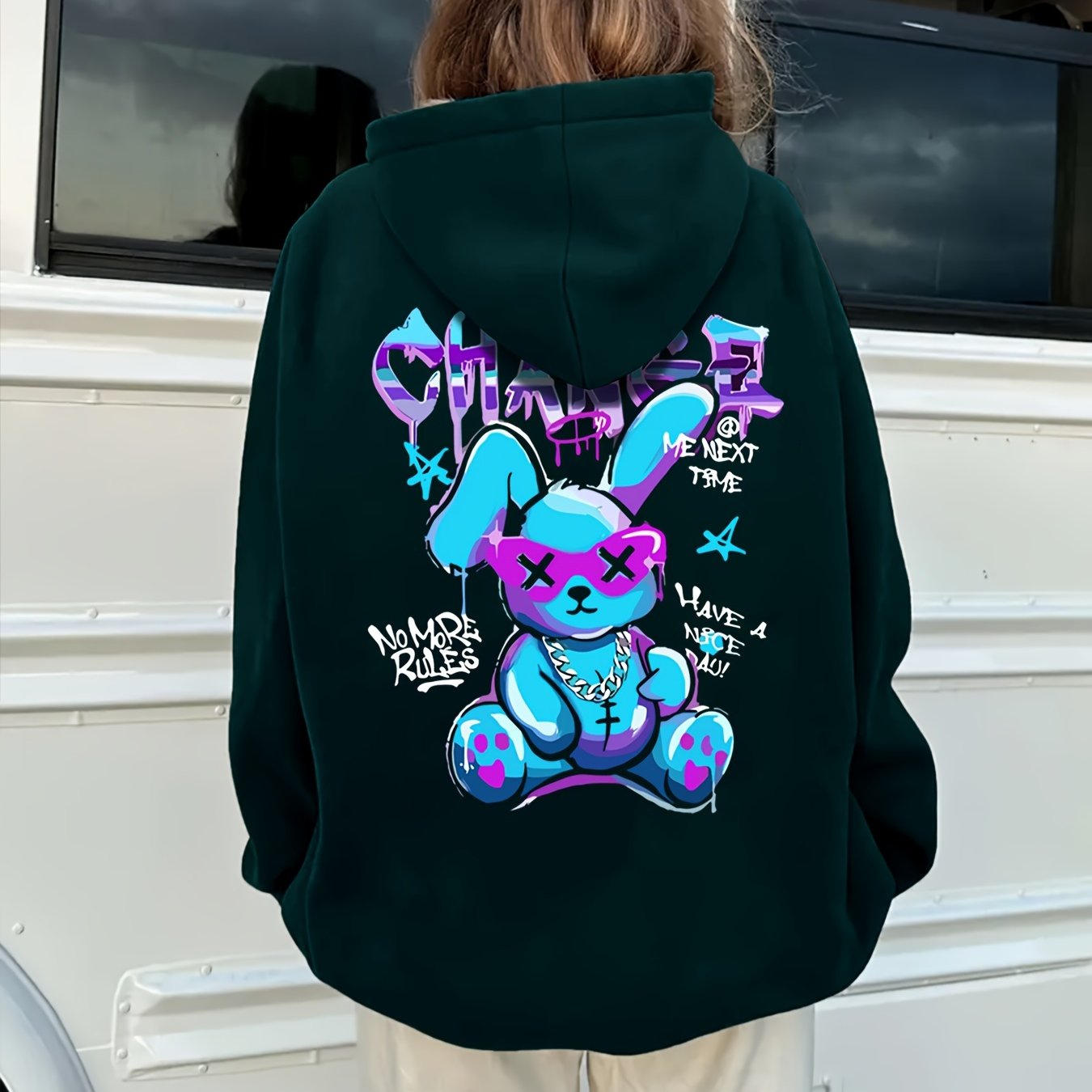 TEMU Women's Autumn/winter Fun Colorful Trendy Rabbit Print Regular Hooded Kangaroo Casual Sweatshirt