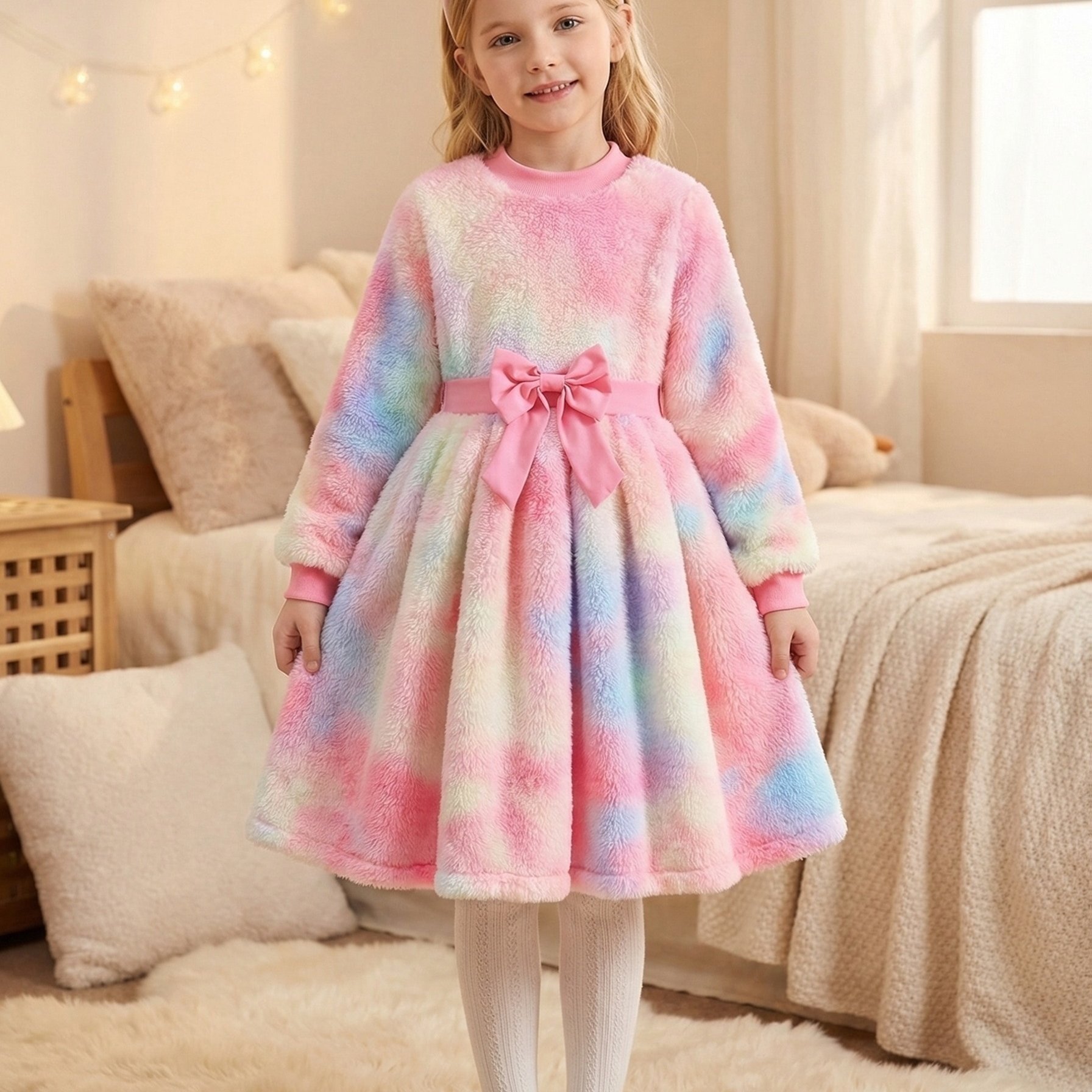 Image of Girls' Plush Dress With Three-dimensional , Half-high Neck, Long Sleeves, Tie-dye Double-sided Fleece, Elegant Style, Warm Autumn/winter Dress For Older Girls, Suitable For Outdoor Wear