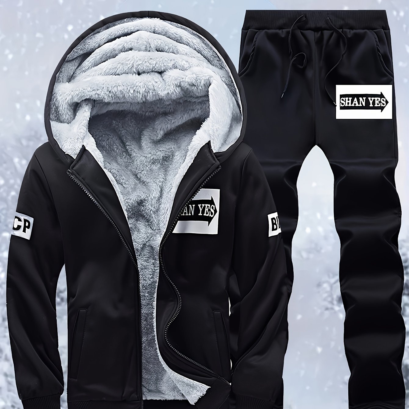 TEMU [ Obm] 2pcs Set Of Fleece-lined Thick Hooded Sweatshirt And Joggers For Men, Warm For Autumn And Winter, Suitable For Running And