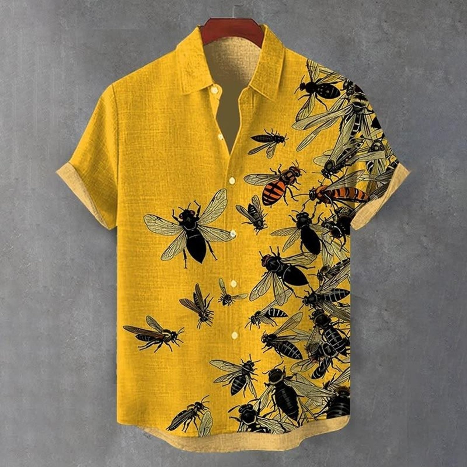 Image of Men's Formal Shirt, Yellow Short-sleeved With Insect Patterns, Collar And Button Front, Multiple Sizes, , Suitable For Daily And Business, Hanging On , Mixed Color