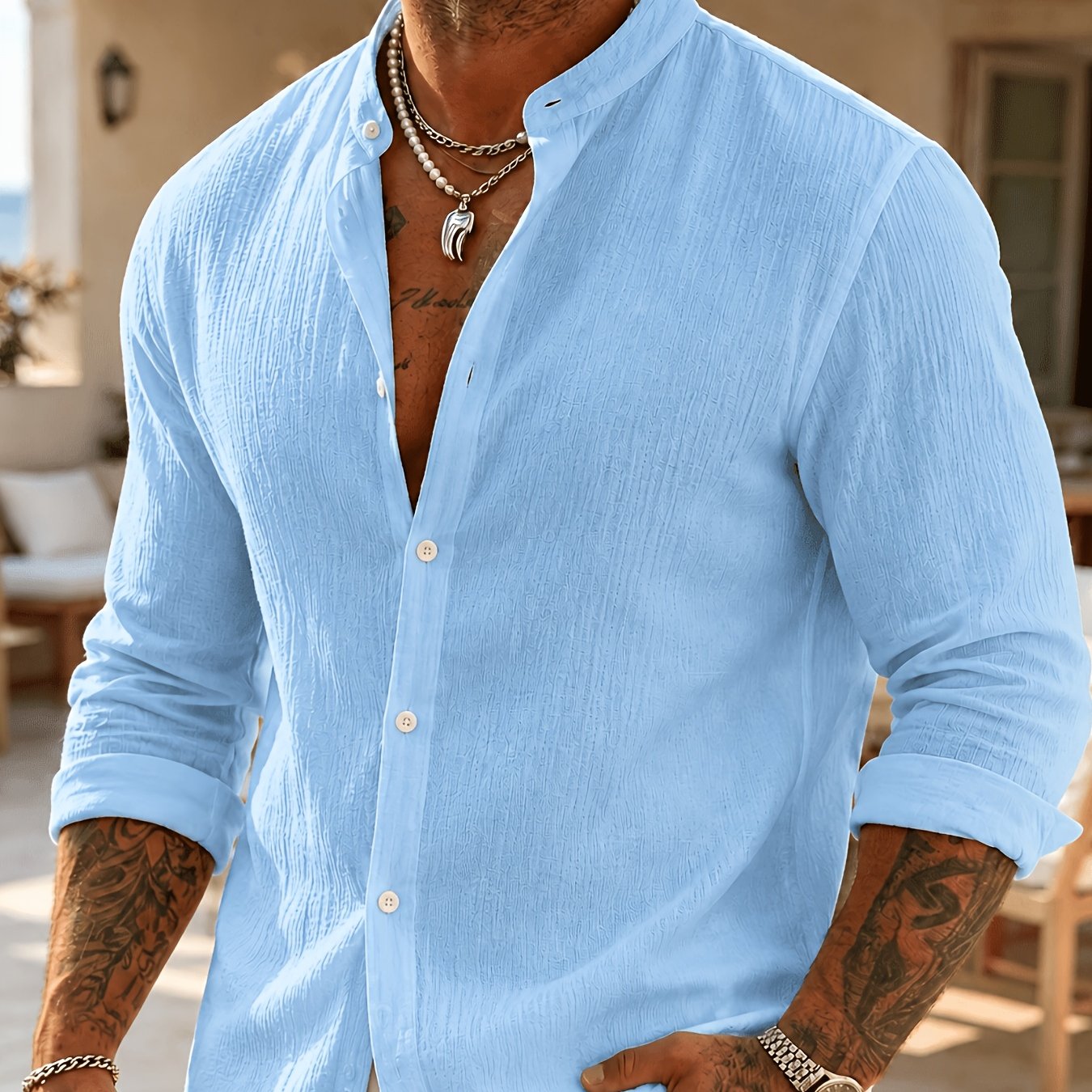 TEMU [ Obm] Men's Comfortable Long Sleeve Casual Shirt - Party Wear, Lightweight Breathable Stand Collar Button-up, Versatile For Daily Wear,