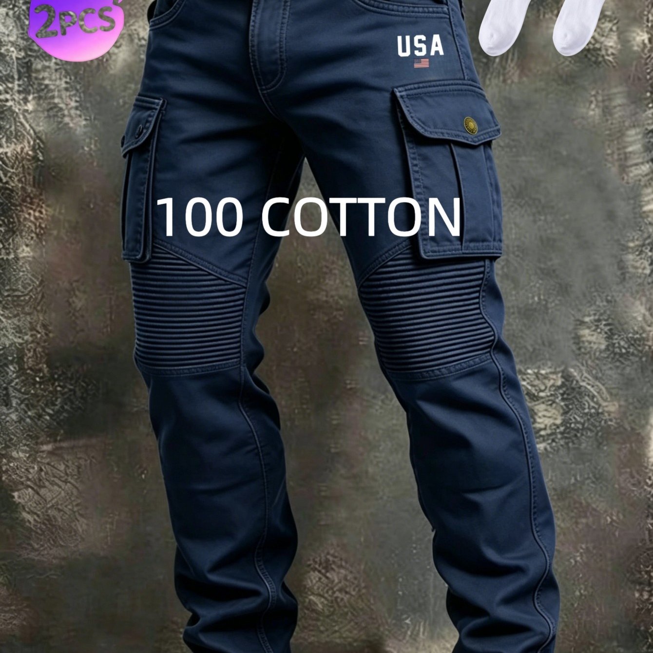 Trendy Washed Pure Utility Biker Pants Men 2pcs Bundle Belt Loop Matching White Ankle Socks