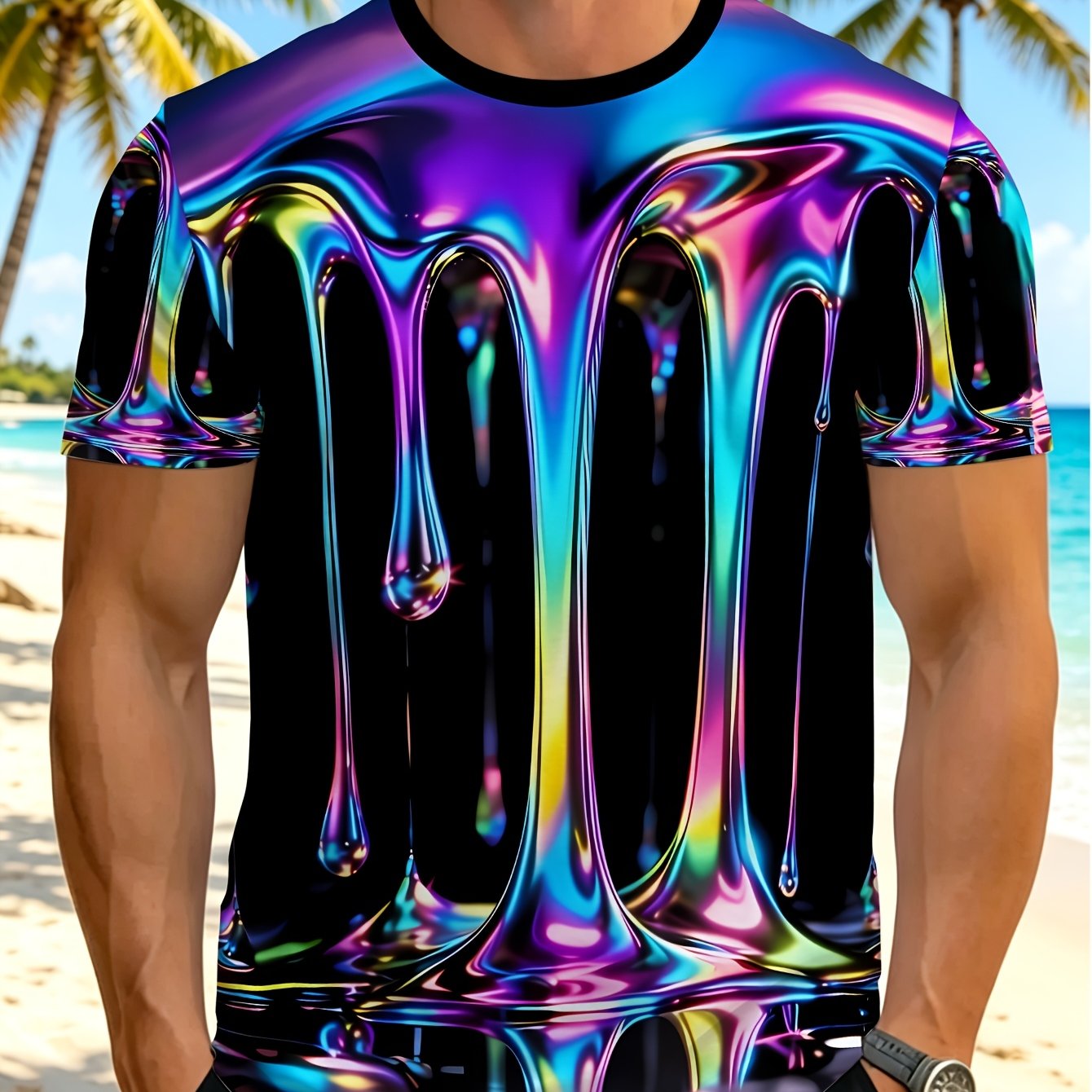 TEMU Men's T-shirt, Iridescent Fluid Pattern Tee, Vibrant Gradient Short Sleeve, Trendy Individual Statement Top, Fashionable Creative Print T-shirt