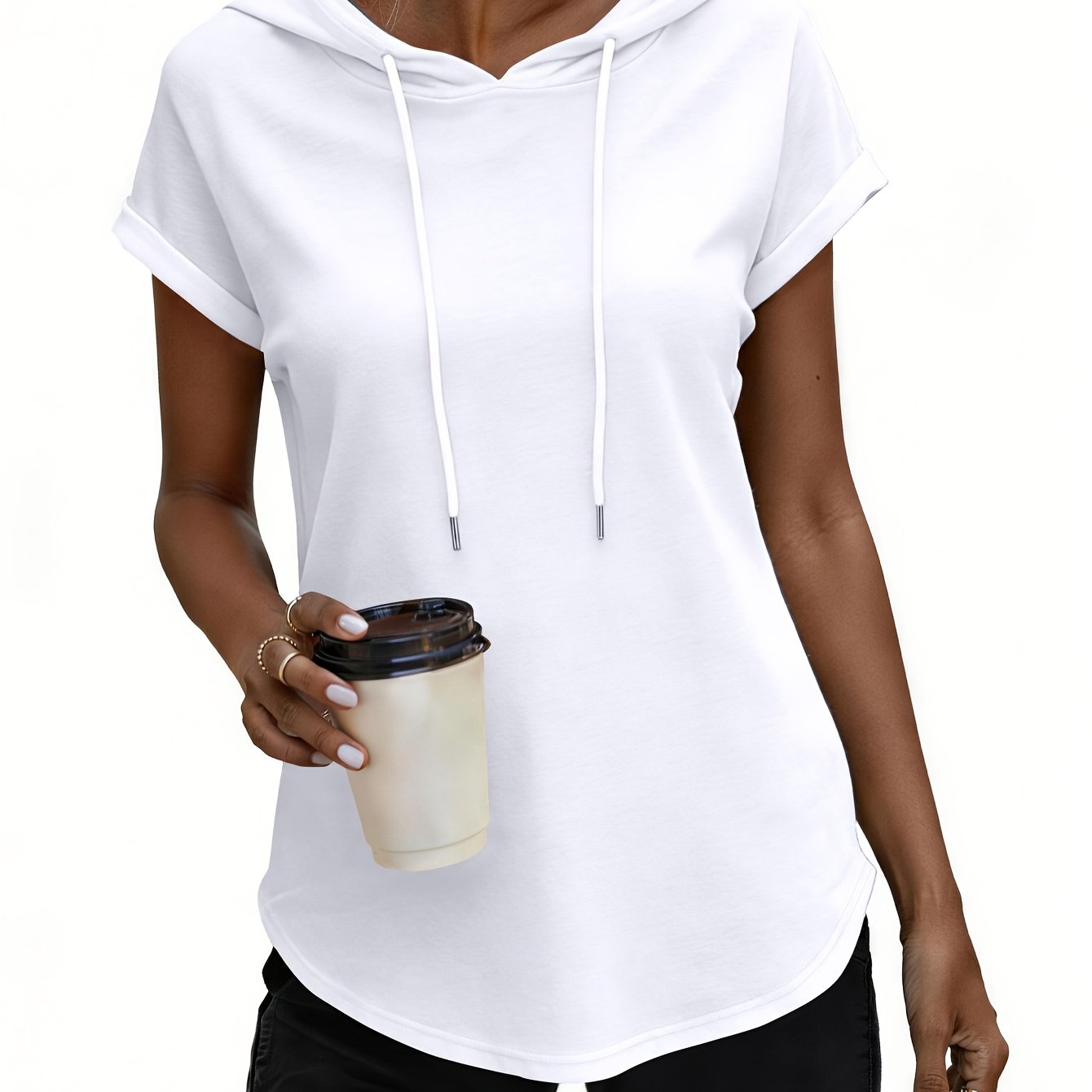 Image of European And S Hooded Drawstring T-shirt, Elegant Spring And Summer Hooded Short-sleeved Rolled-up Casual S Shirt