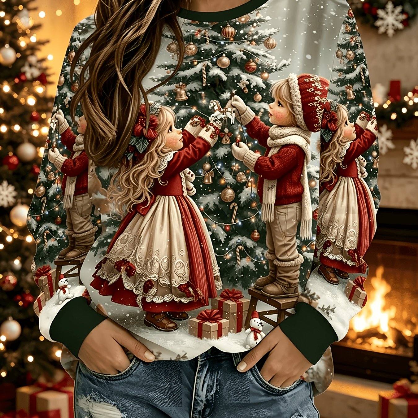 TEMU European Vintage Fairy Tale Style Red Outfit Christmas Tree Ornament Gift Loose Sweatshirt