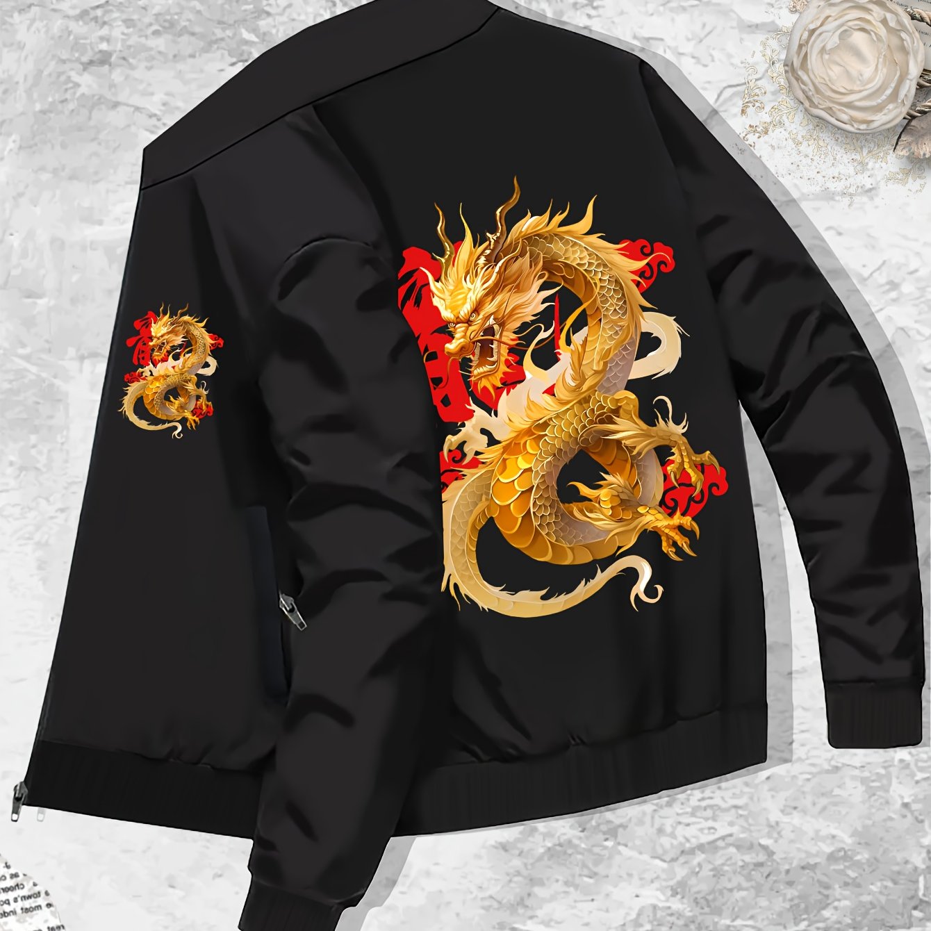 TEMU Men's Casual Stand Collar Jacket Autumn Top Pattern Print Outerwear, Plus Size